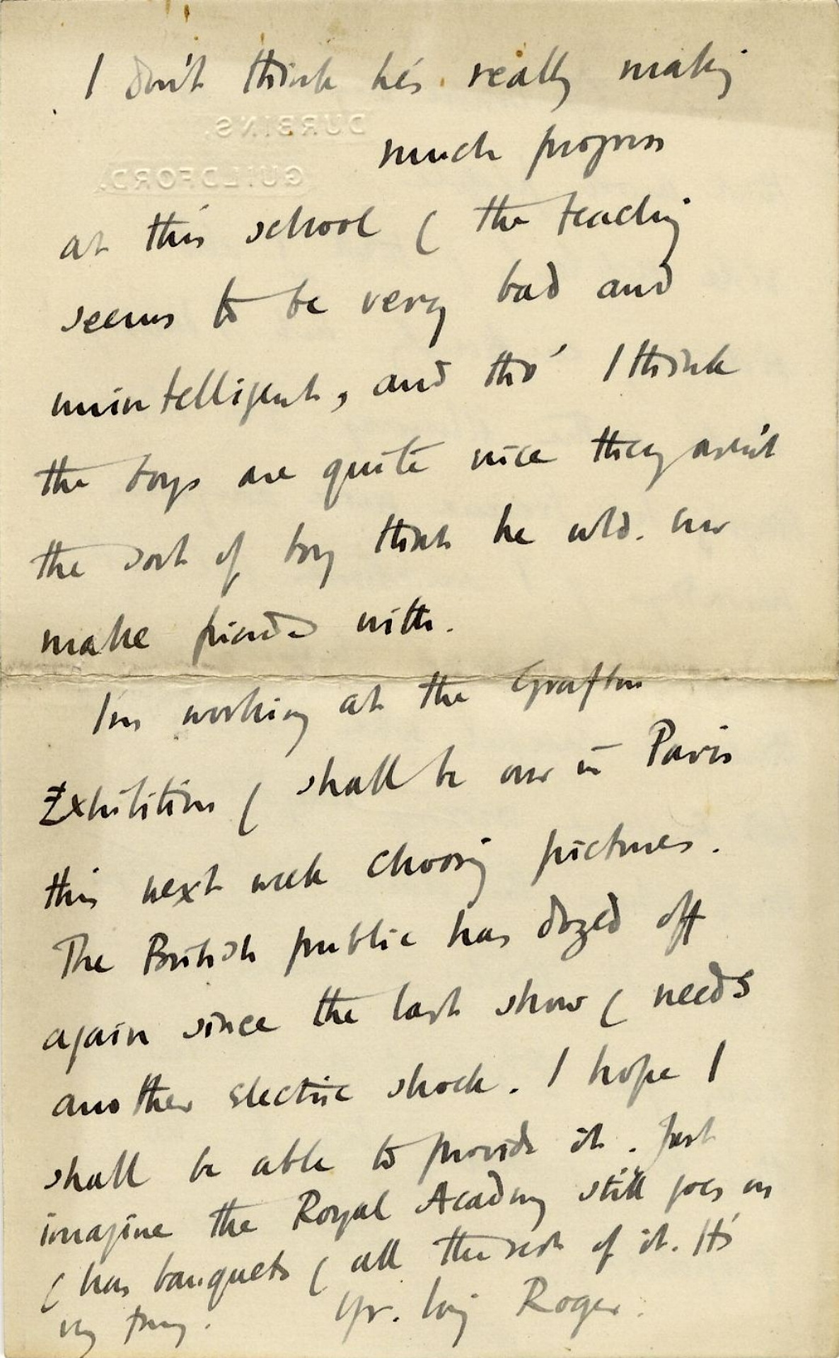 End of a letter from Roger Fry to his mother, 28 June 1912, mentioning the British public’s attitude towards art. [REF/3/57/37]