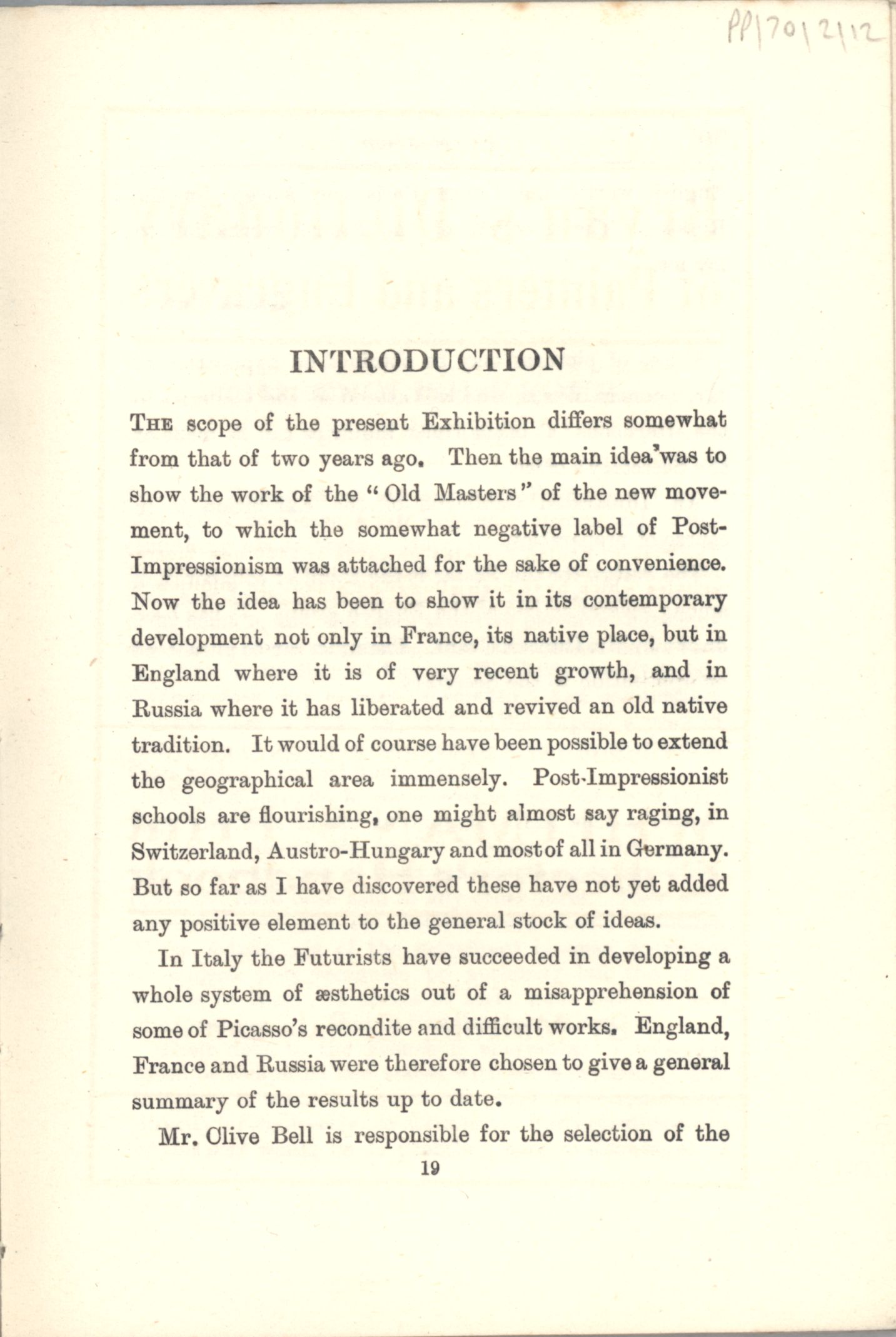First page of the Introduction to the ‘Second Post-Impressionist Exhibition’ catalogue. [JMK/PP/70/2]
