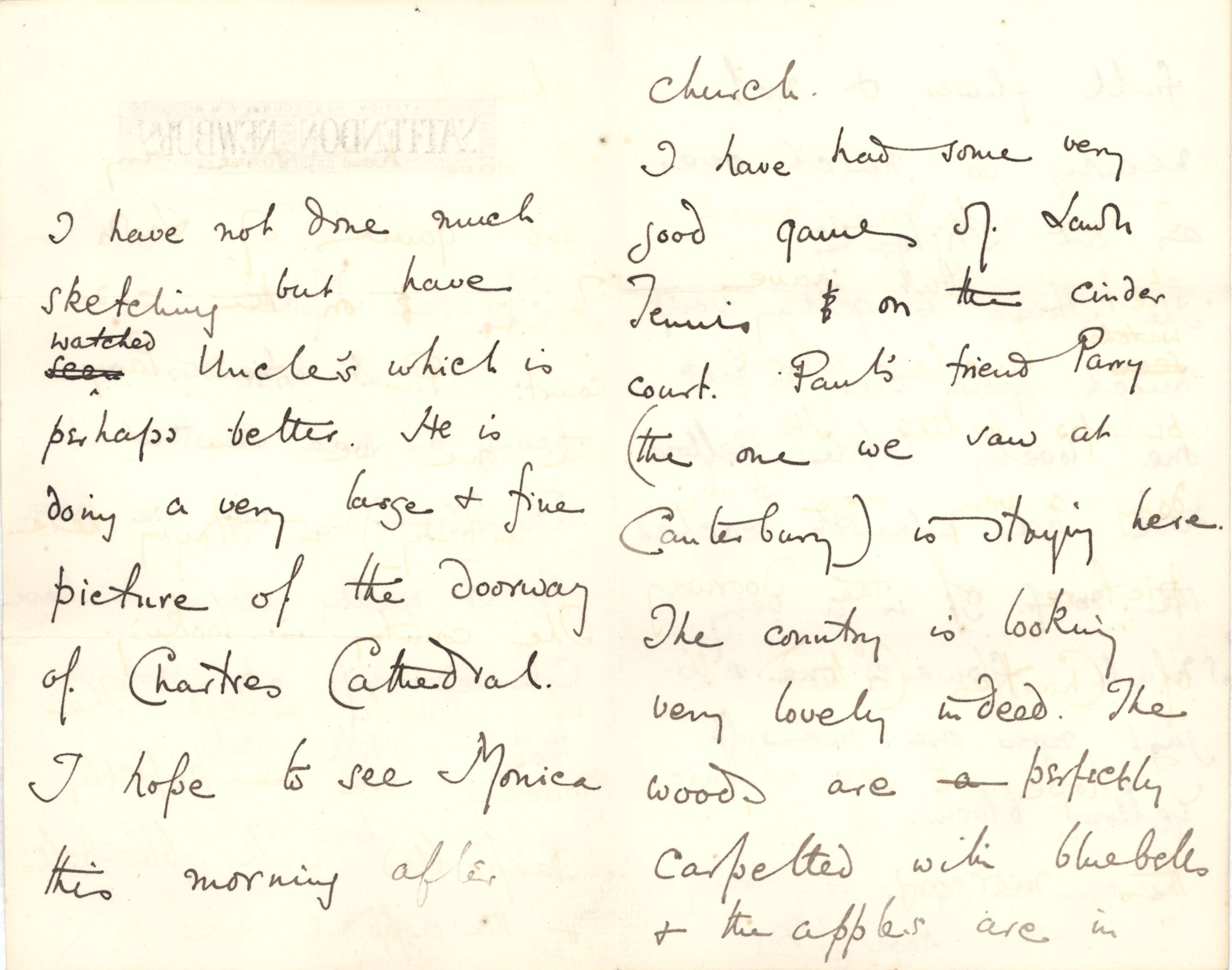 Letter from Roger Fry to his mother, 24 May 1885, describing a visit to the Waterhouses. [REF/3/57]
