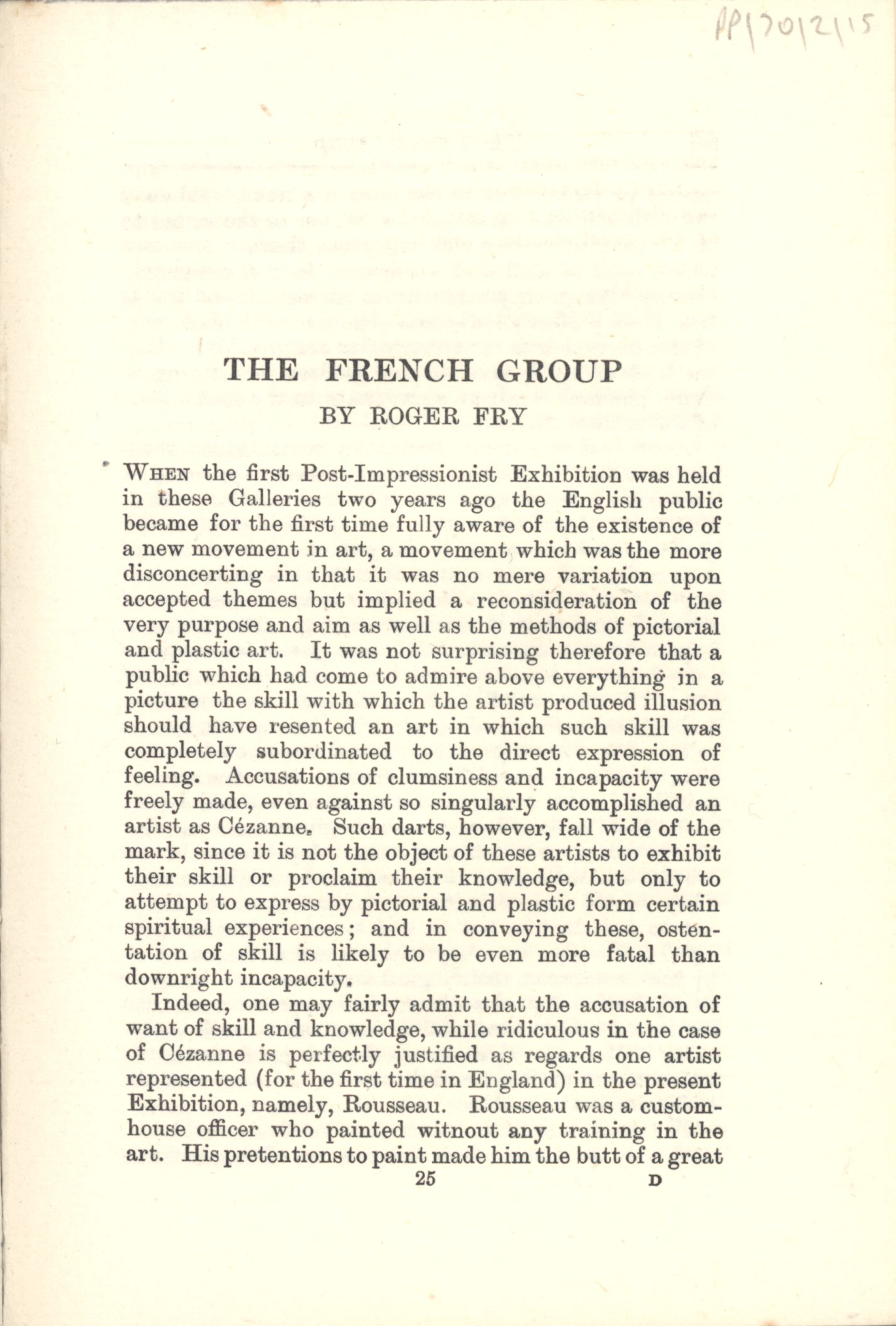First page of the French Group in the ‘Second Post-Impressionist Exhibition’ catalogue. [JMK/PP/70/2]