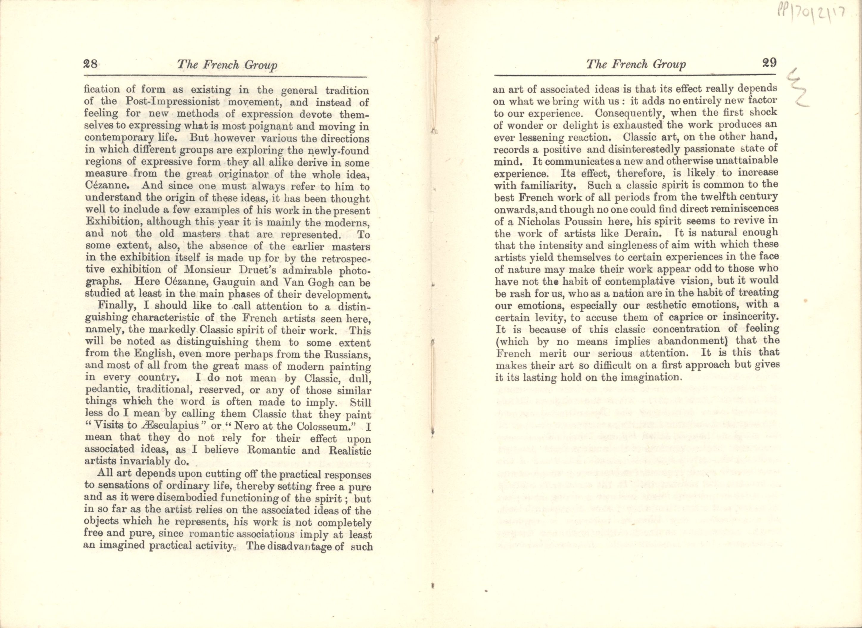 Final pages of the French Group in the ‘Second Post-Impressionist Exhibition’ catalogue. [JMK/PP/70/2]