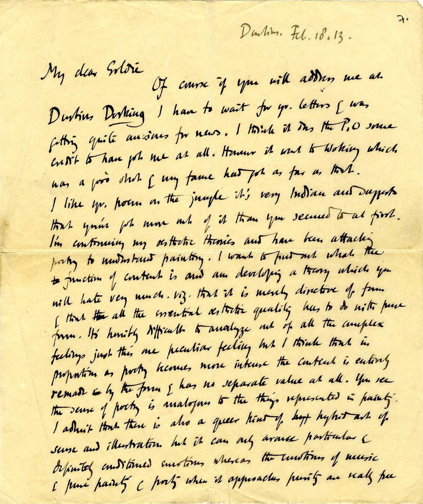 First page of a letter from Roger Fry to Goldsworthy Lowes Dickinson, 18 February 1913, concerning the genesis of a theory on ‘significant form’ and a ‘scheme’ which would become the Omega Workshops. [REF/3/46/6]