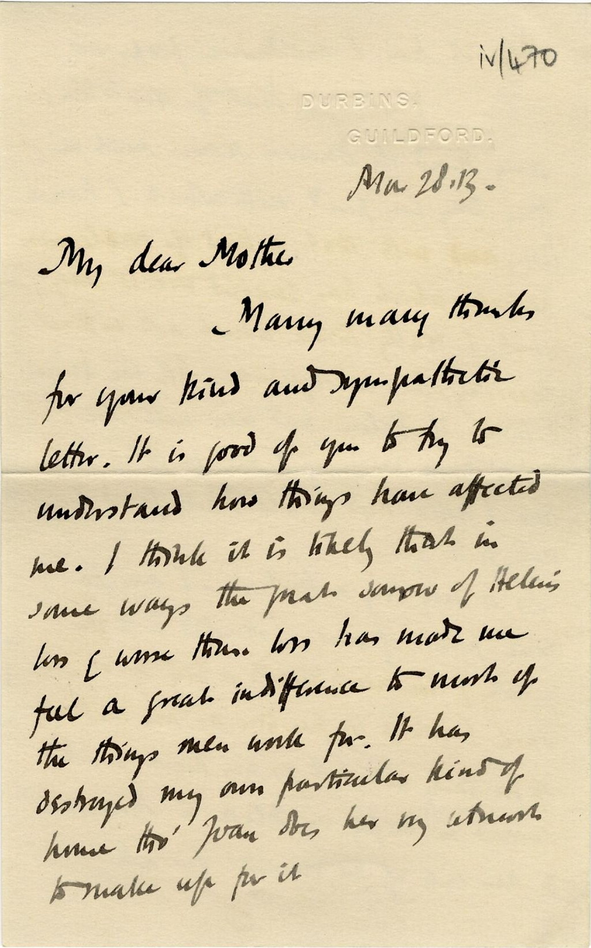 First page of a letter from Roger Fry to his mother, 28 March 1913, concerning failure and ambition. [REF/3/57/37]