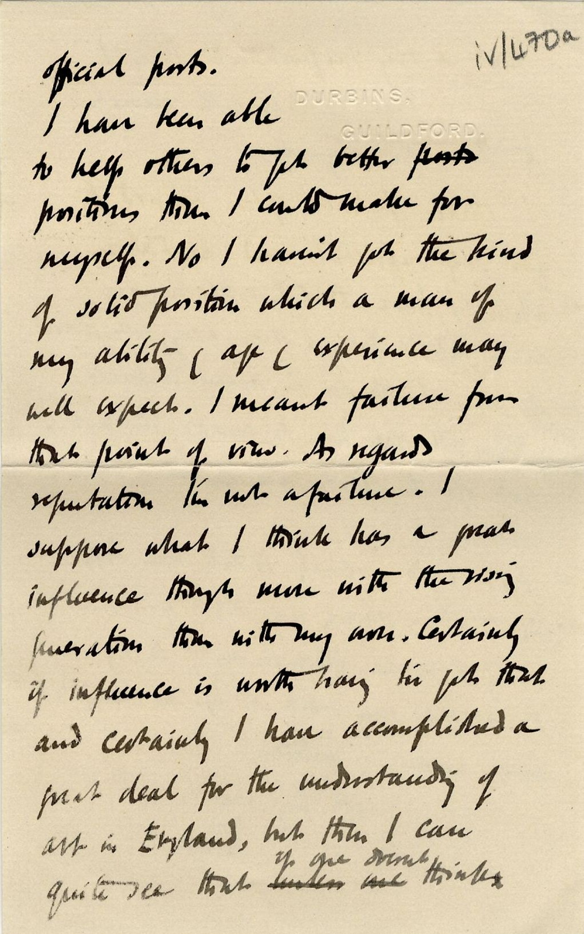 Third page of a letter from Roger Fry to his mother, 28 March 1913, concerning failure and ambition. [REF/3/57/37]