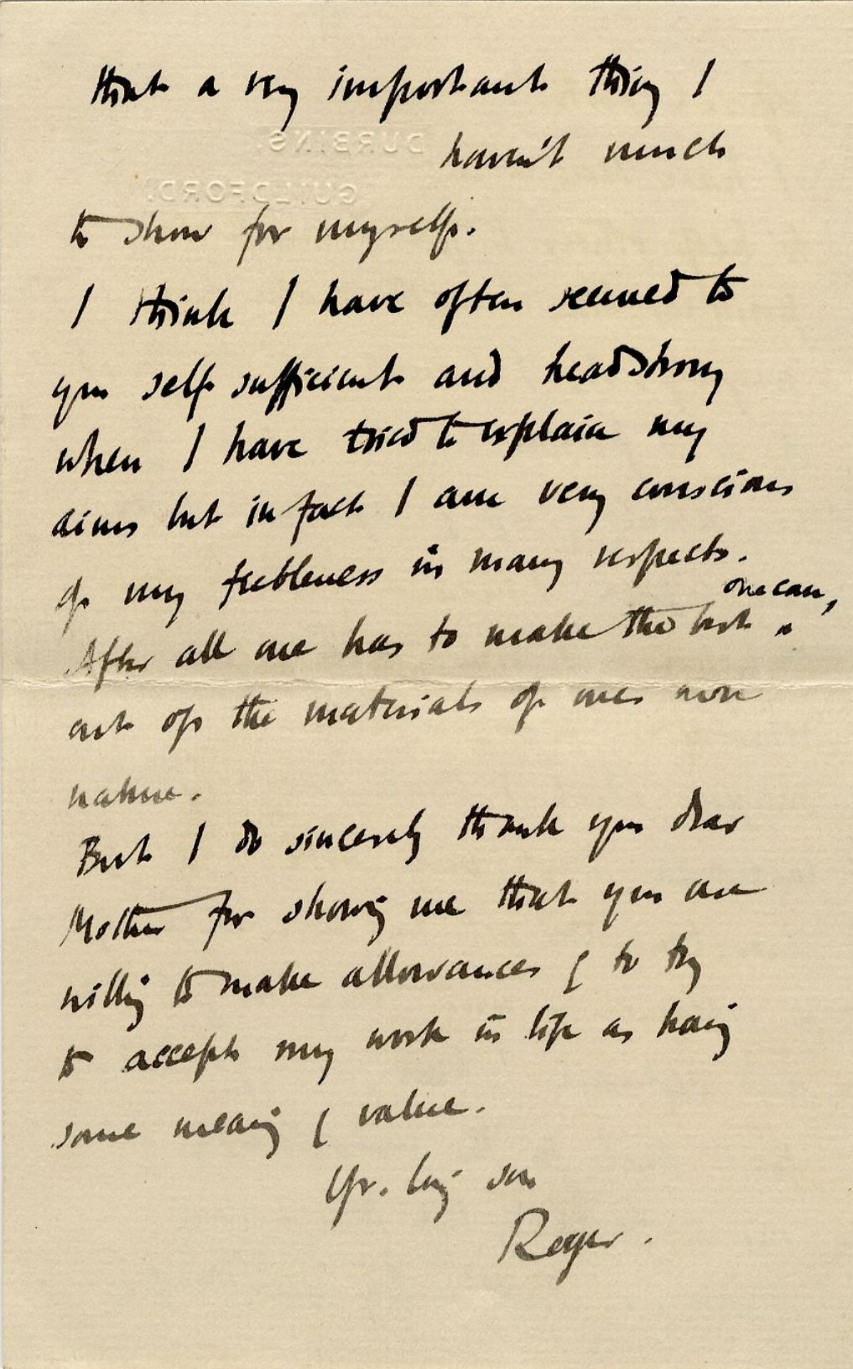 Third page of a letter from Roger Fry to his mother, 28 March 1913, concerning failure and ambition. [REF/3/57/37]