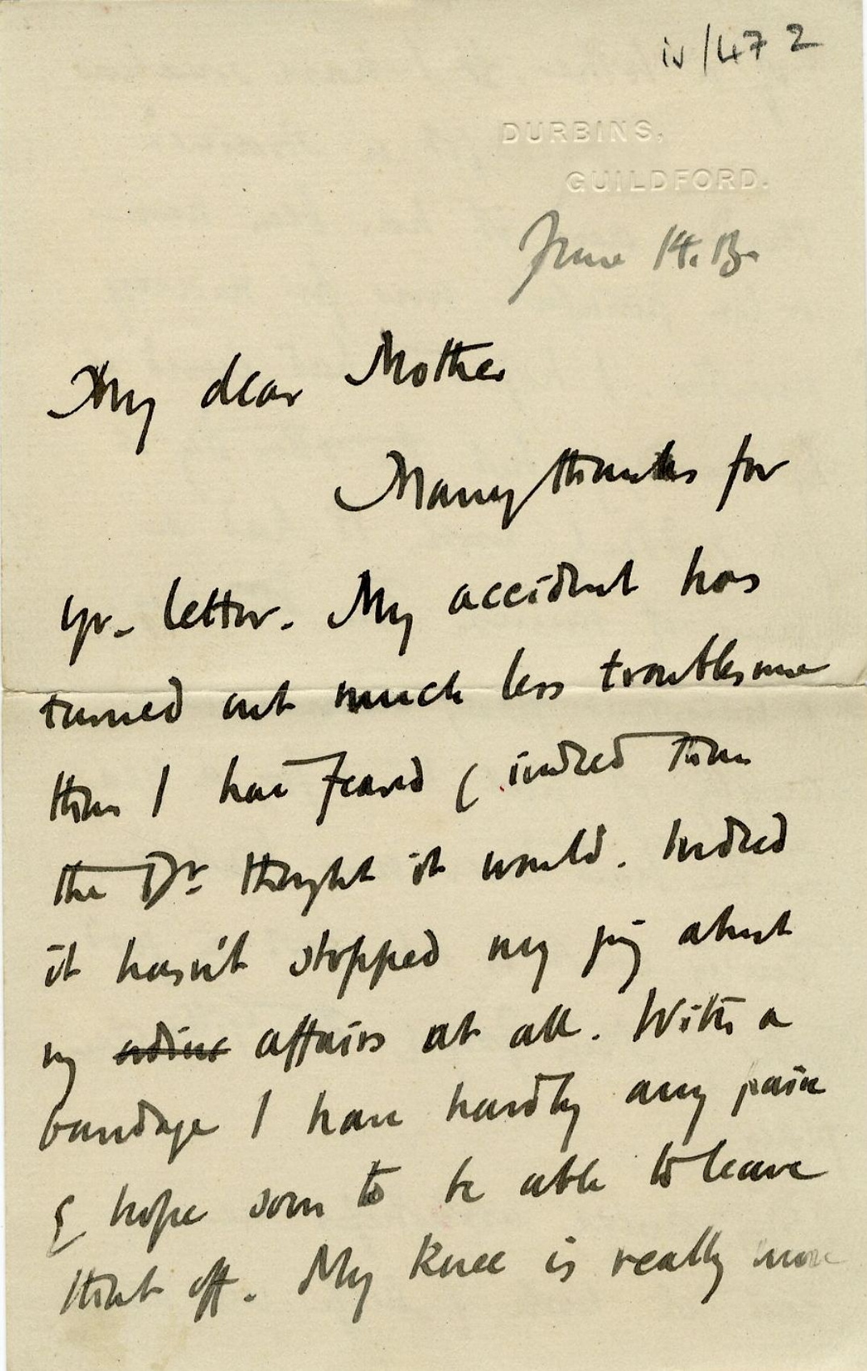 First page of a letter from Roger Fry to his mother, 14 June 1913, concerning his hopes for the Omega Workshops and their influence on art in England. [REF/3/57/37]
