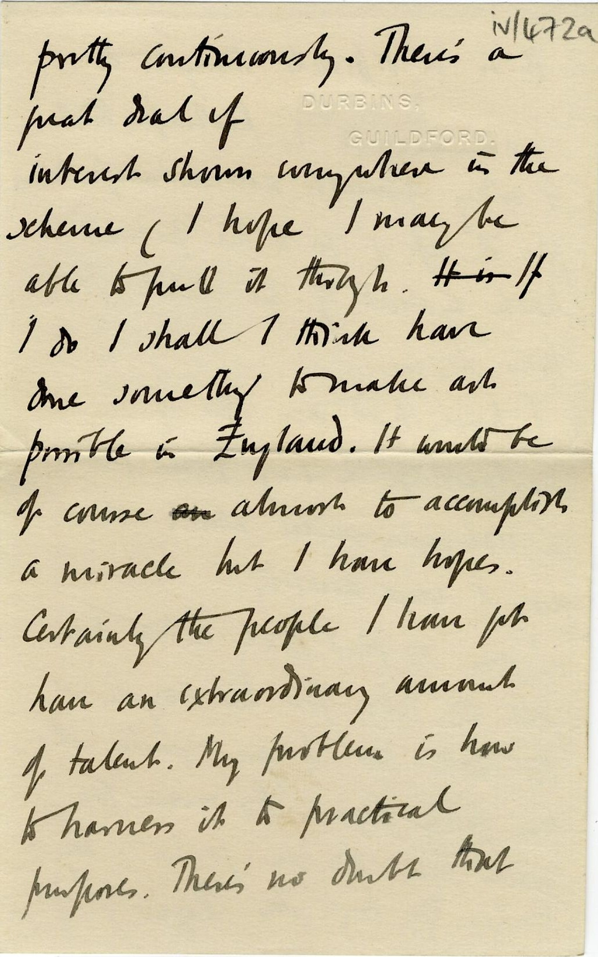 Third page of a letter from Roger Fry to his mother, 14 June 1913, concerning his hopes for the Omega Workshops and their influence on art in England. [REF/3/57/37]