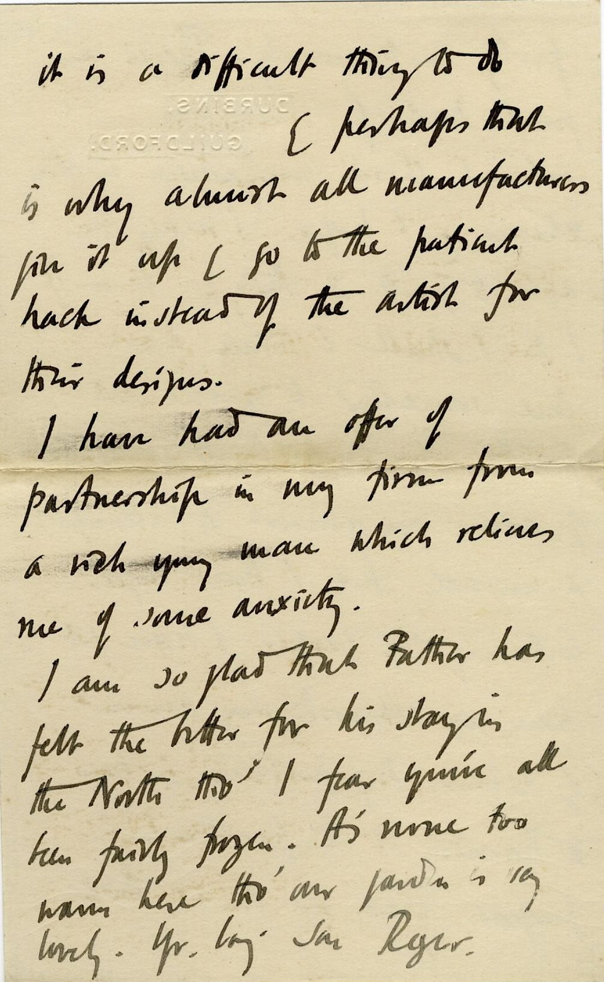 Fourth page of a letter from Roger Fry to his mother, 14 June 1913, concerning his hopes for the Omega Workshops and their influence on art in England. [REF/3/57/37]