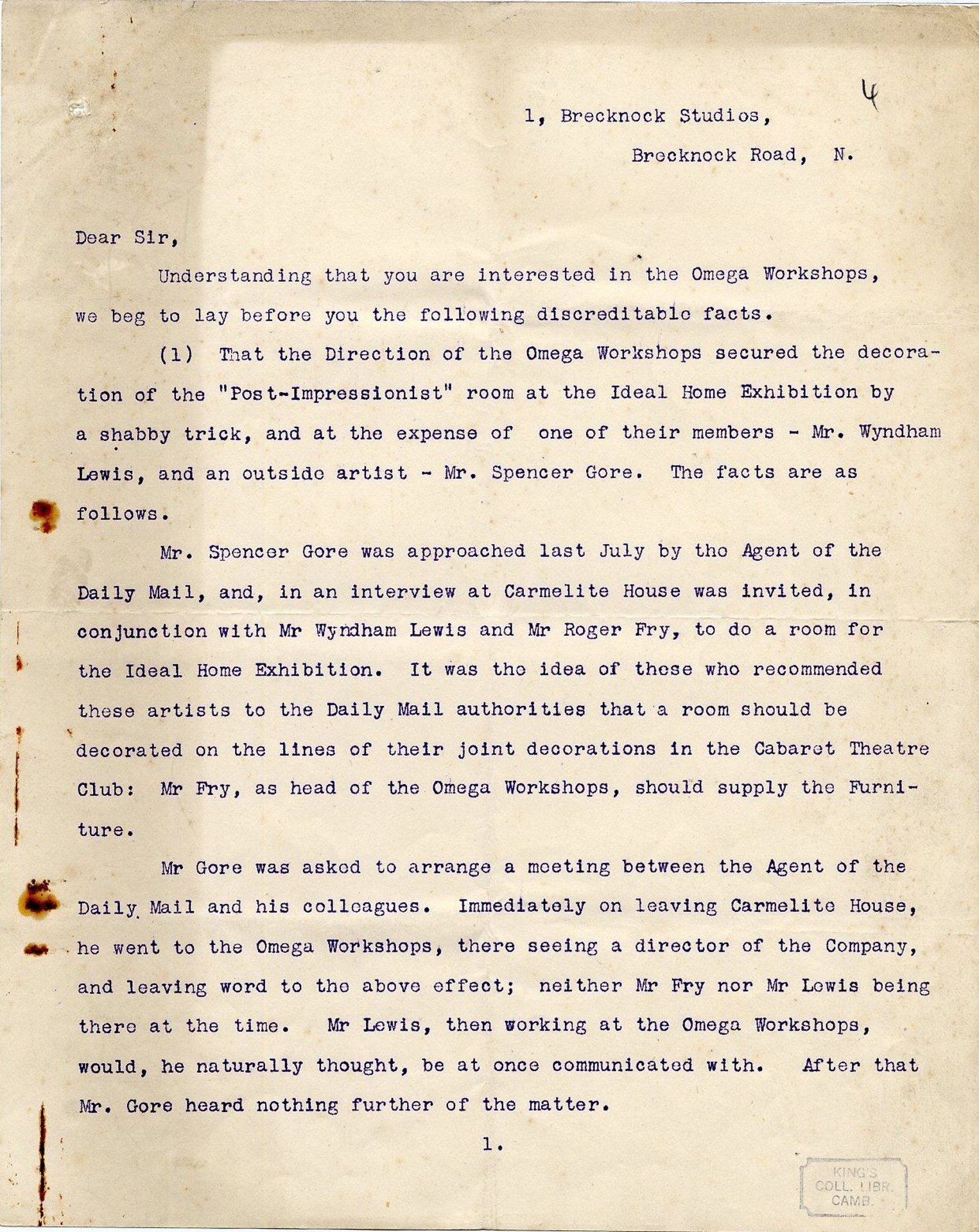 First page of a round robin signed by Etchells, Hamilton, Wadsworth and Lewis on their dispute with REF, c. October 1913. [REF/3/92] By permission of the Wyndham Lewis Memorial Trust (a registered charity).