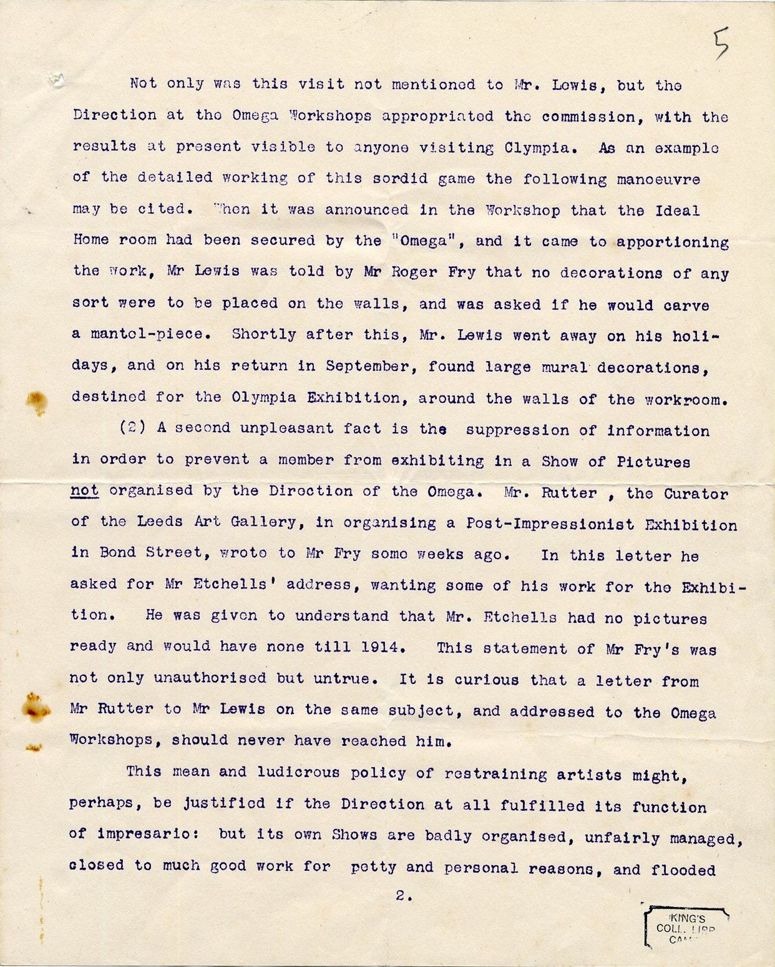 Second page of a round robin signed by Etchells, Hamilton, Wadsworth and Lewis on their dispute with REF, c. October 1913. [REF/3/92] By permission of the Wyndham Lewis Memorial Trust (a registered charity).