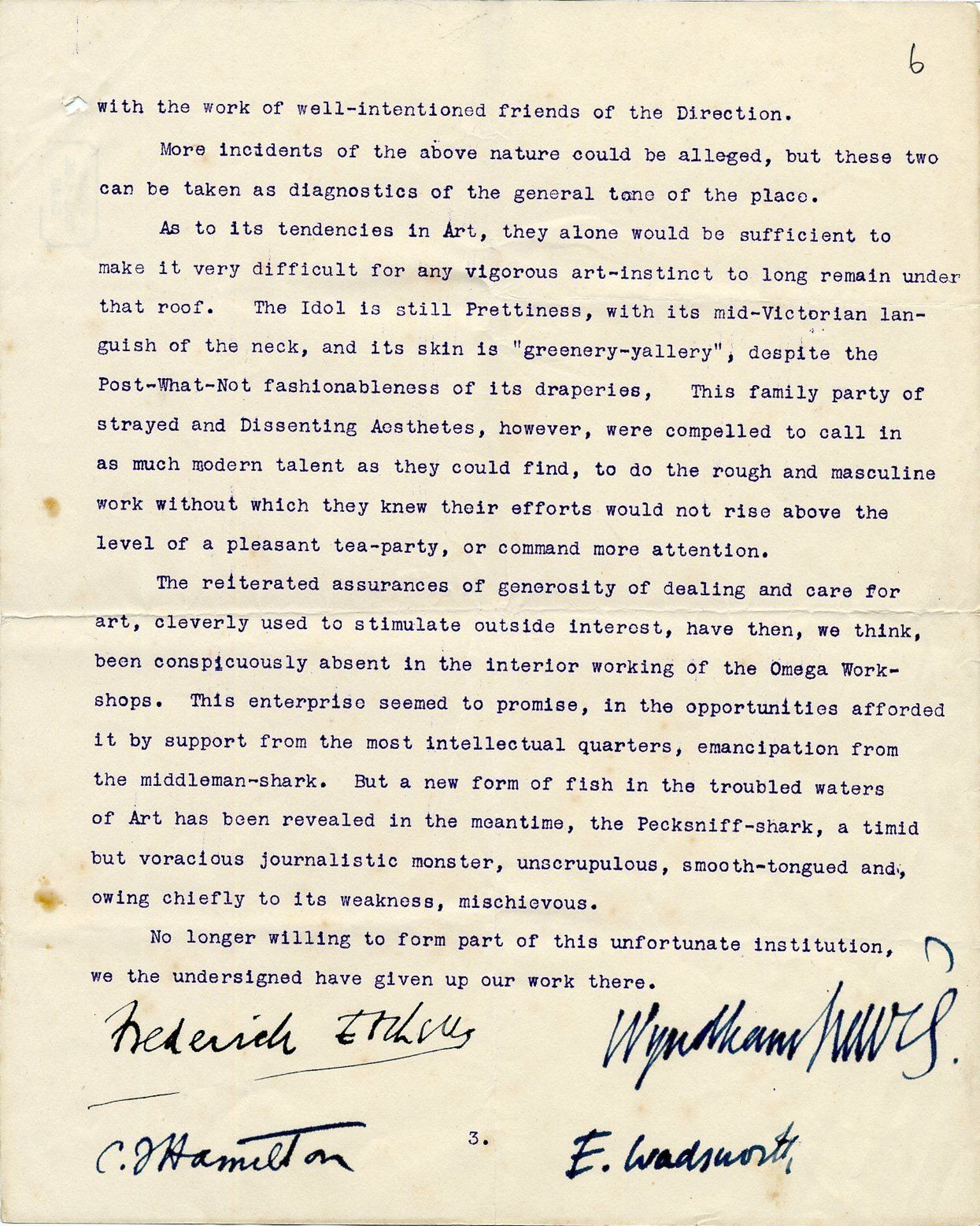 Third page of a round robin signed by Etchells, Hamilton, Wadsworth and Lewis on their dispute with REF, c. October 1913. [REF/3/92] By permission of the Wyndham Lewis Memorial Trust (a registered charity).