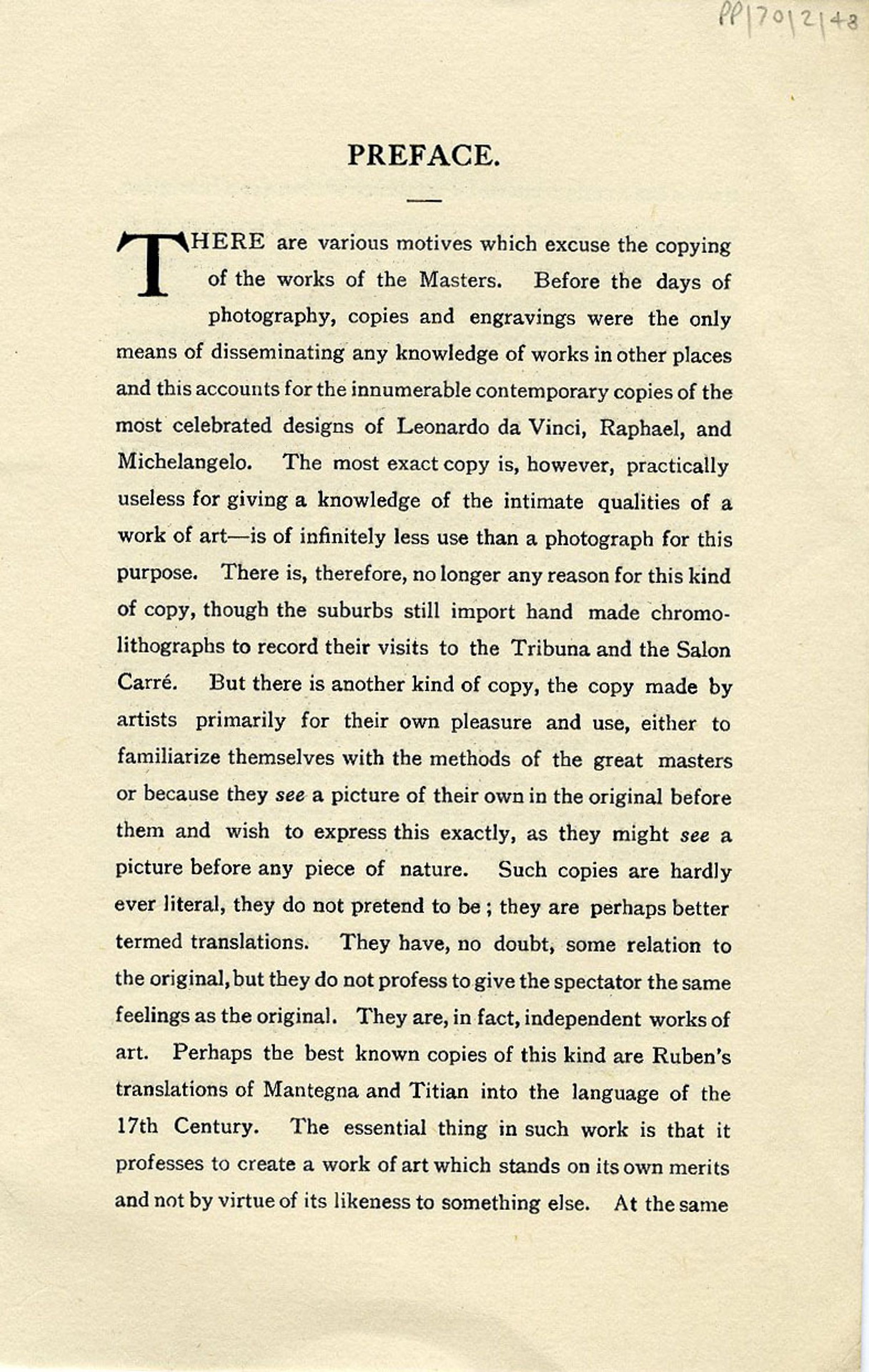 First page of the Preface to ‘Copies and Translations (by English painters - Fry, Grant, Bell - of paintings by the masters)’, Omega Workshops exhibition catalogue. [JMK/PP/70/2]