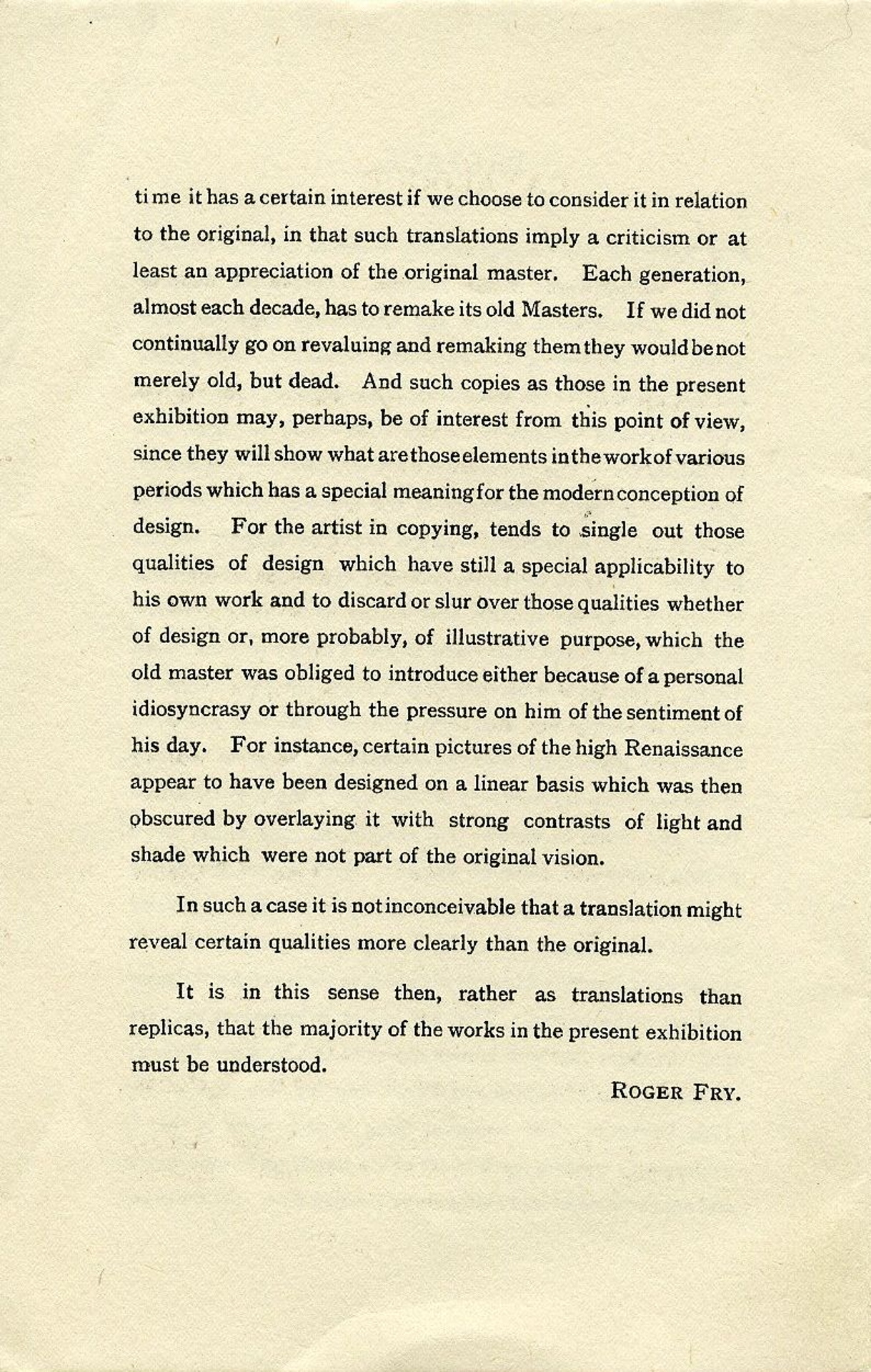 Second page of the Preface to ‘Copies and Translations (by English painters - Fry, Grant, Bell - of paintings by the masters)’, Omega Workshops exhibition catalogue. [JMK/PP/70/2]