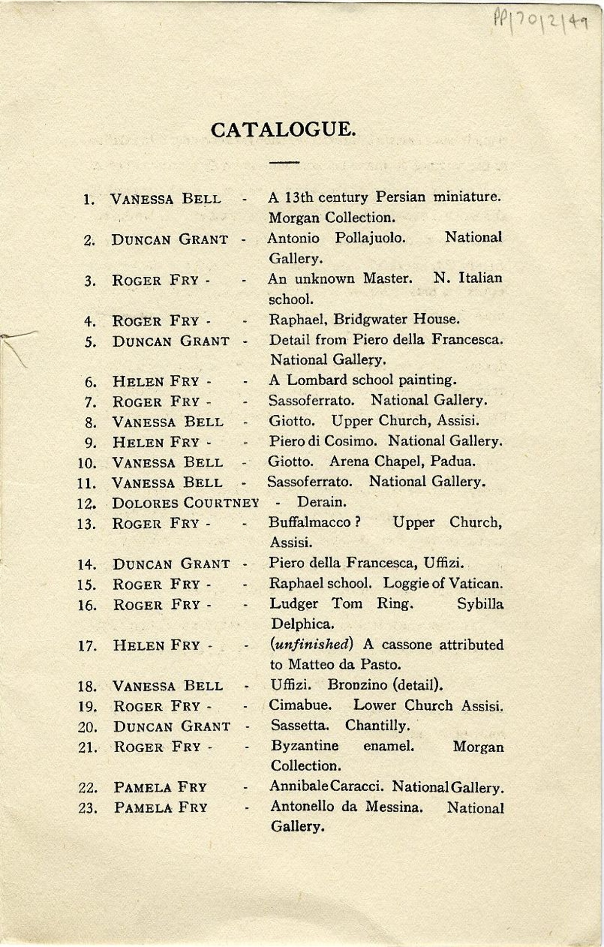 ‘Copies and Translations (by English painters - Fry, Grant, Bell - of paintings by the masters)’, Omega Workshops exhibition catalogue. [JMK/PP/70/2]