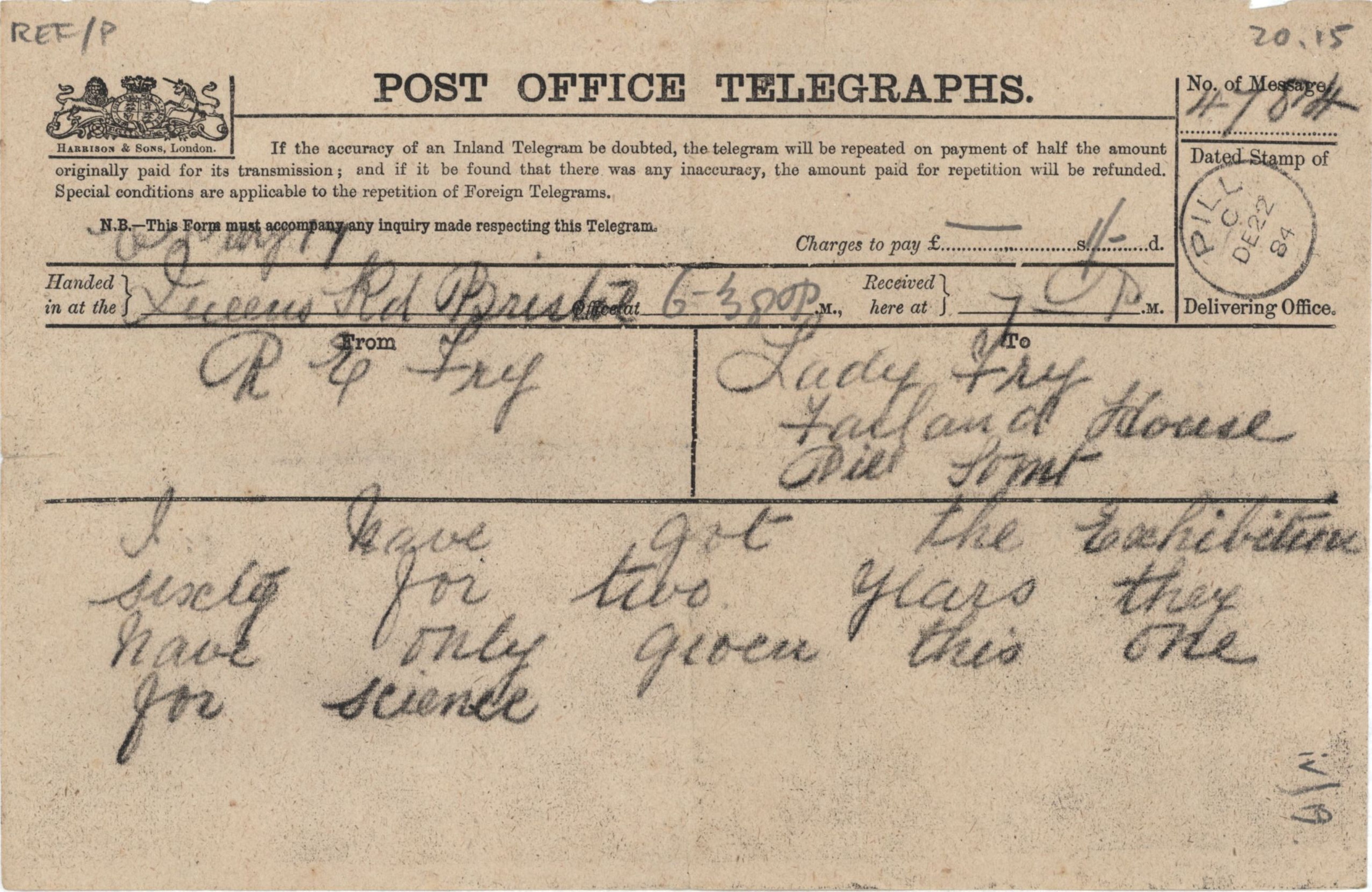 Telegram from Roger Fry to his mother, 22 December 1884, concerning his scholarship. [REF/3/57/19]