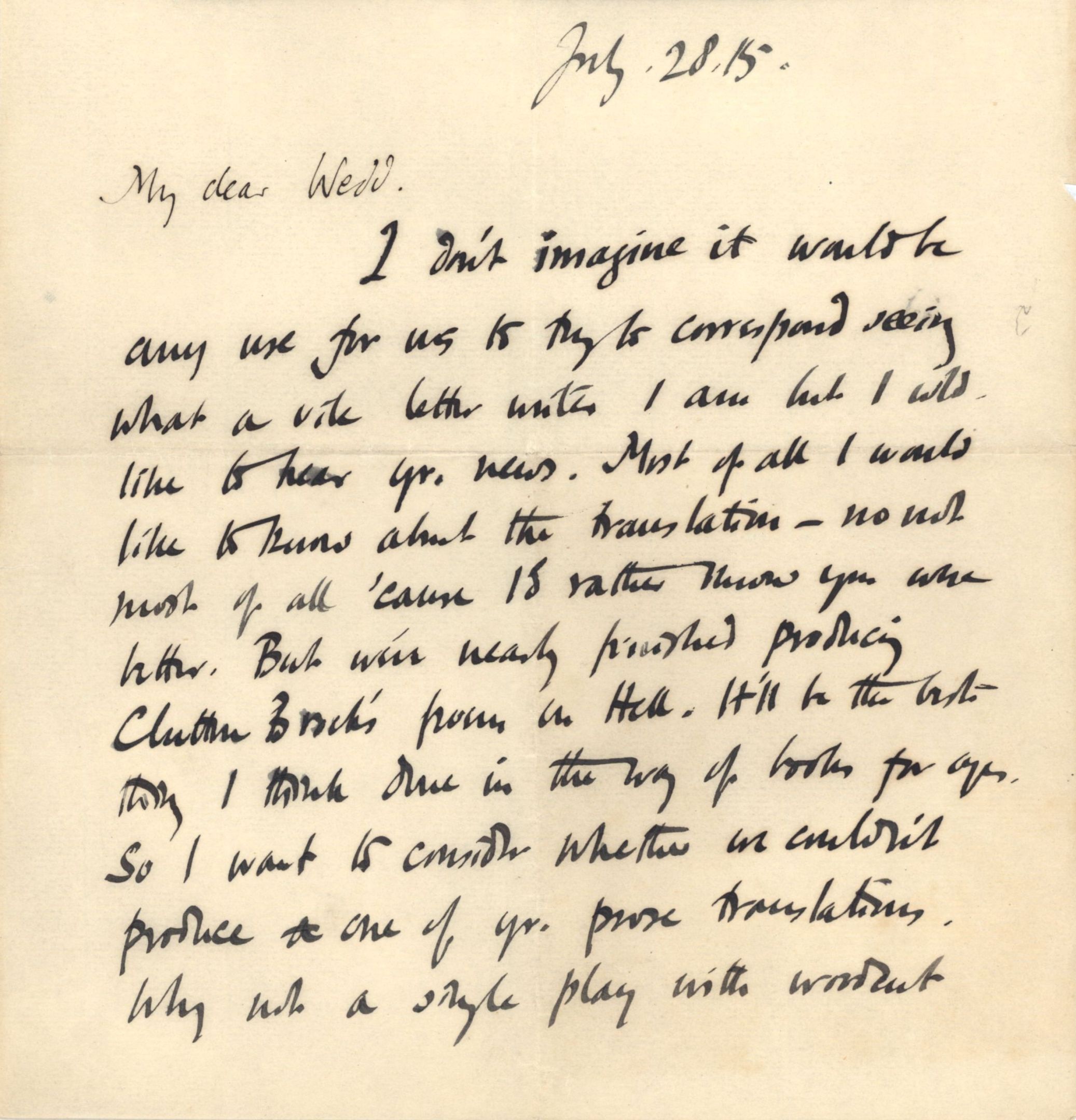 First page of a letter from Roger Fry to Nathaniel Wedd, 28 July 1915, concerning his visit to France. [NW/2/27 - Omega letterhead removed]
