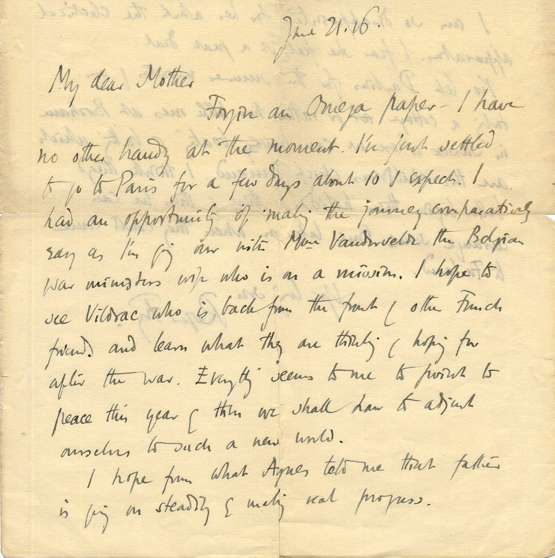 Letter from Roger Fry to his mother, 21 June 1916, mentioning his planned visit to Paris. [REF/3/58/38 - Omega letterhead removed]