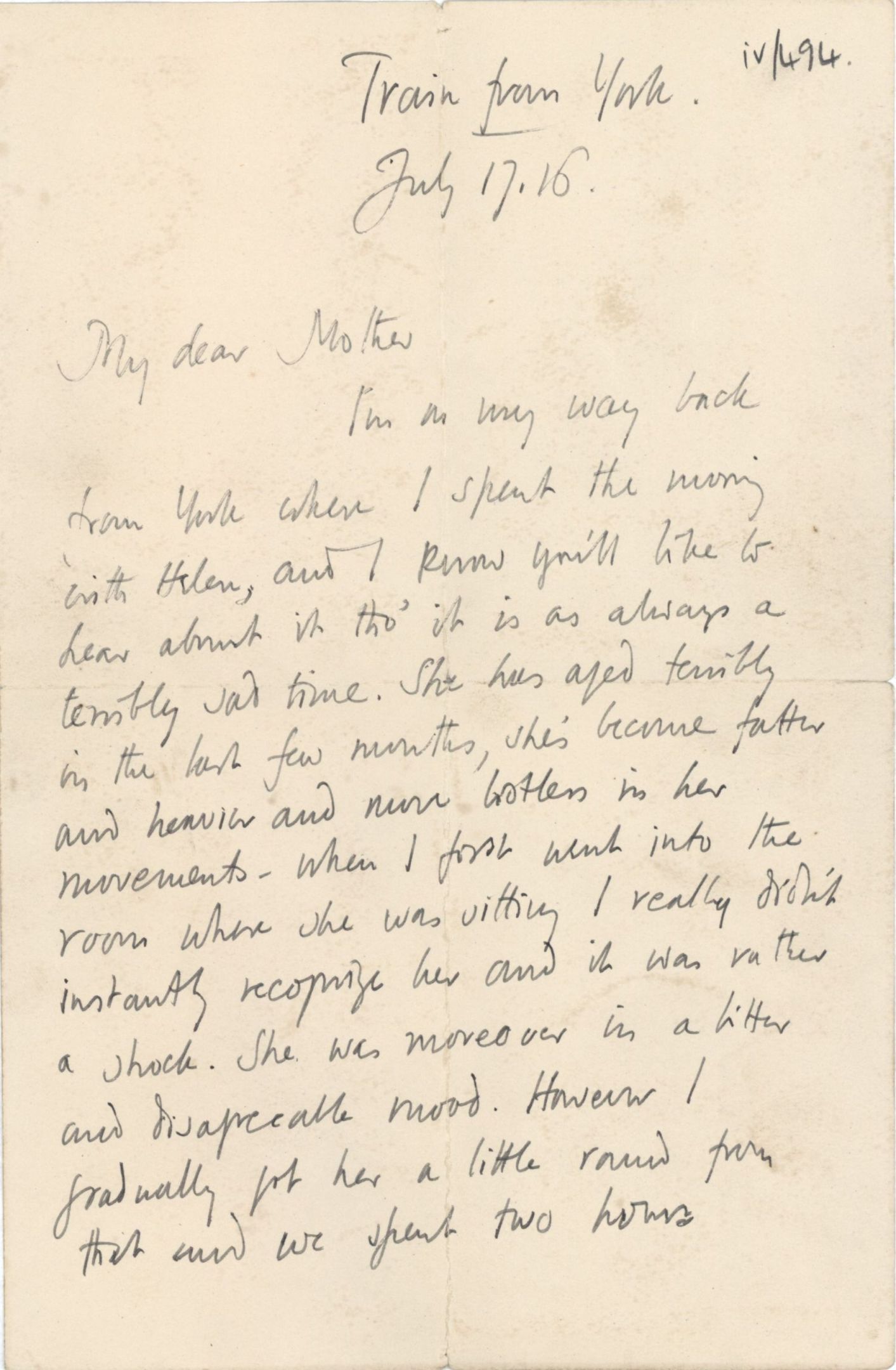 Letter from Roger Fry to his mother, 21 June 1916, describing a visit to see Helen. [REF/3/58/38]