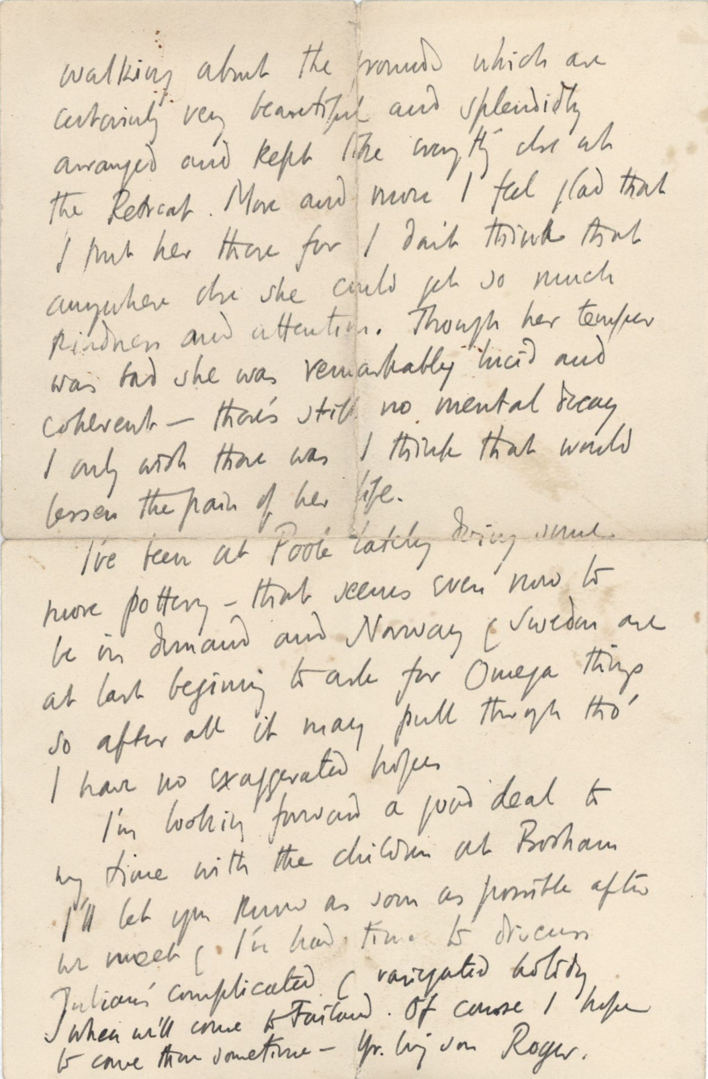 Letter from Roger Fry to his mother, 21 June 1916, describing a visit to see Helen. [REF/3/58/38]