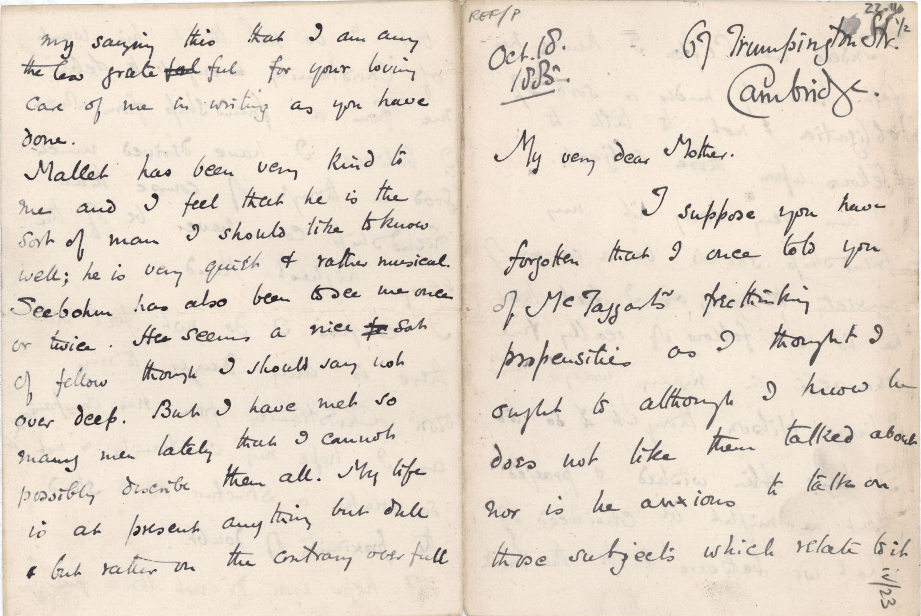 Letter from Roger Fry to his mother, 18 October 1885, concerning McTaggart and his own faith. [REF/3/57/21]