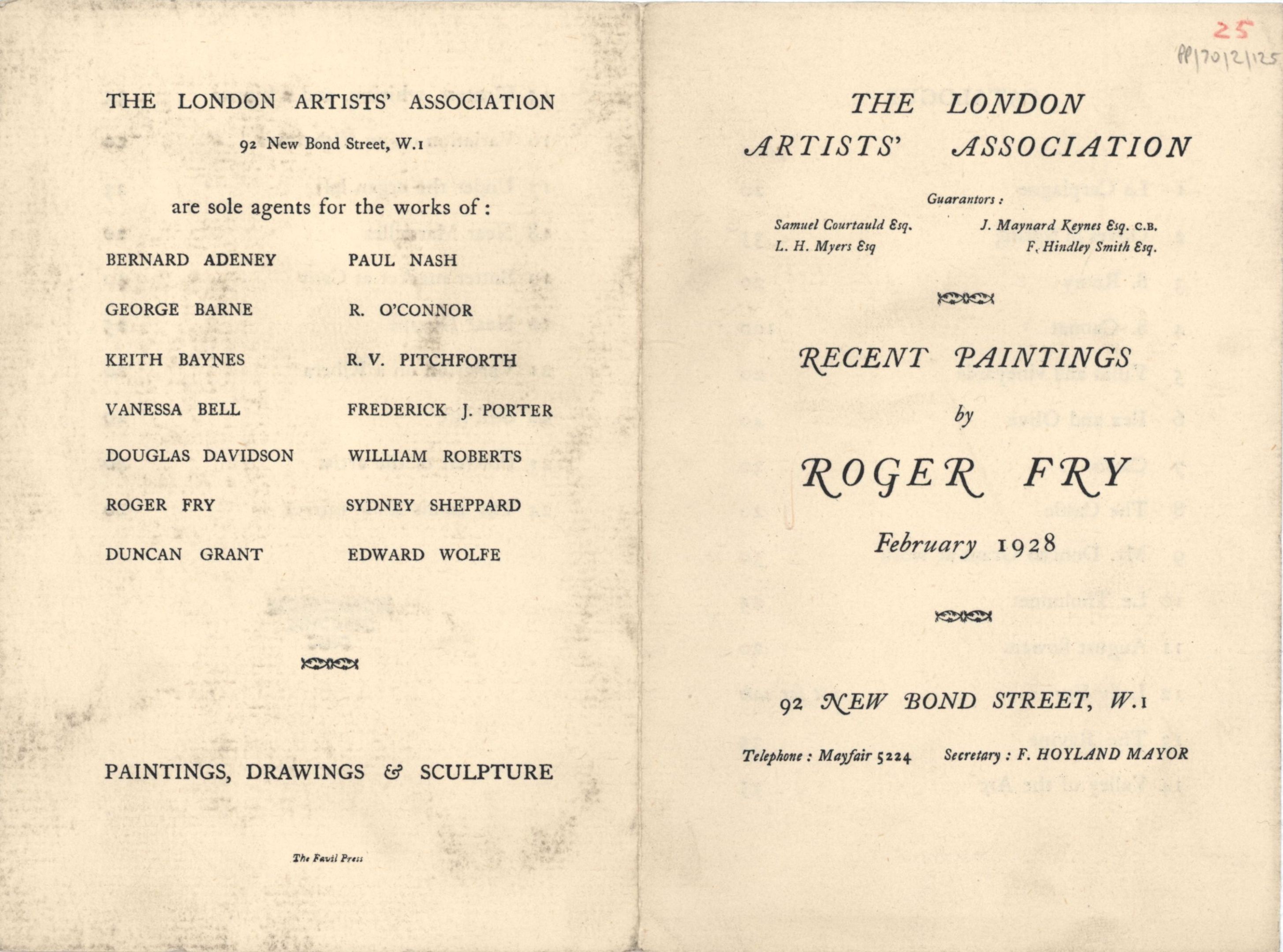 ‘ROGER FRY, recent paintings’, London Artists' Association exhibition catalogue, February 1928. [JMK/PP/70/2]