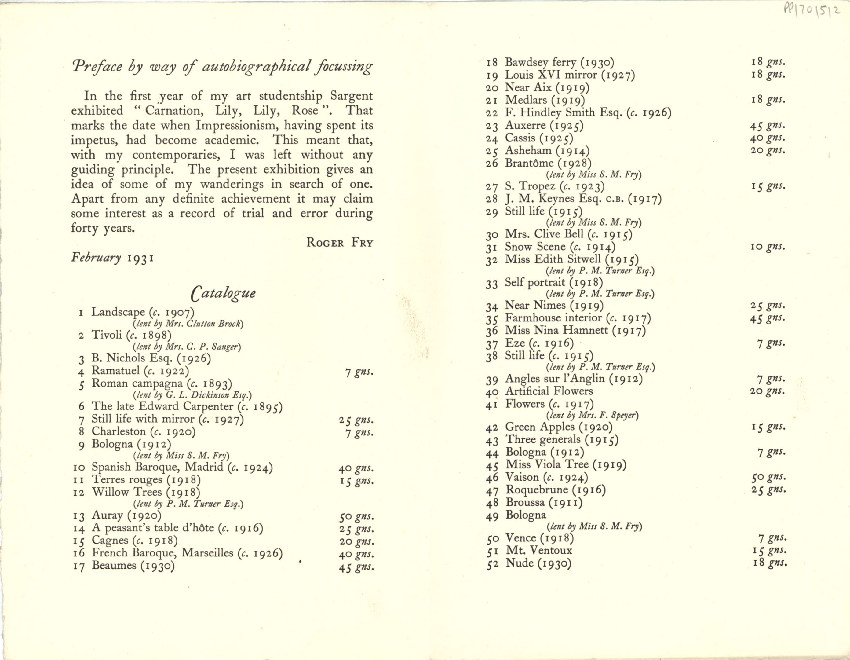 ‘Roger Fry (retrospective exhibition of paintings)’ catalogue, 1931. [JMK/PP/70/5]