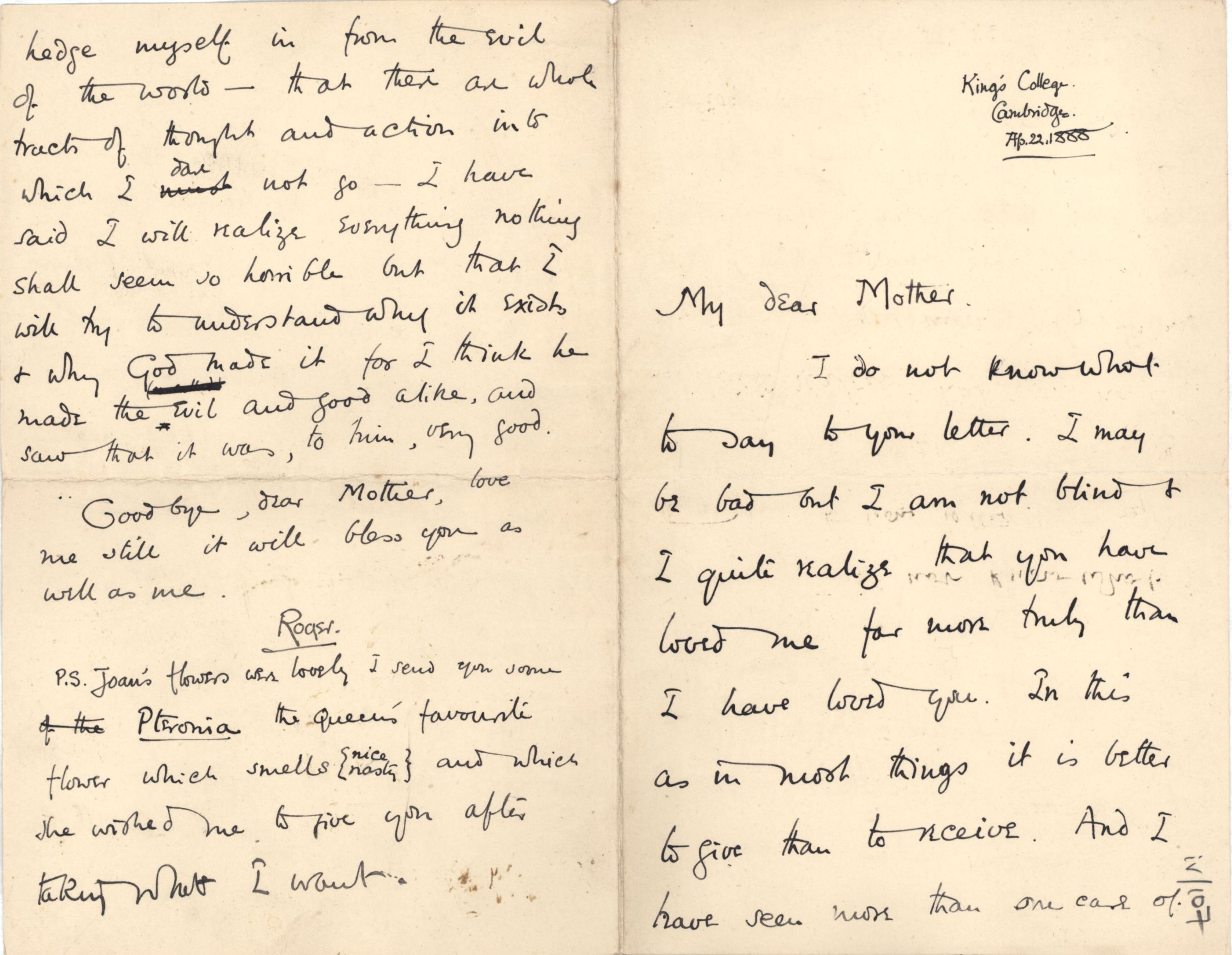 Letter from Roger Fry to his mother, 22 April 1888, expressing religious doubts. [REF/3/57/25]