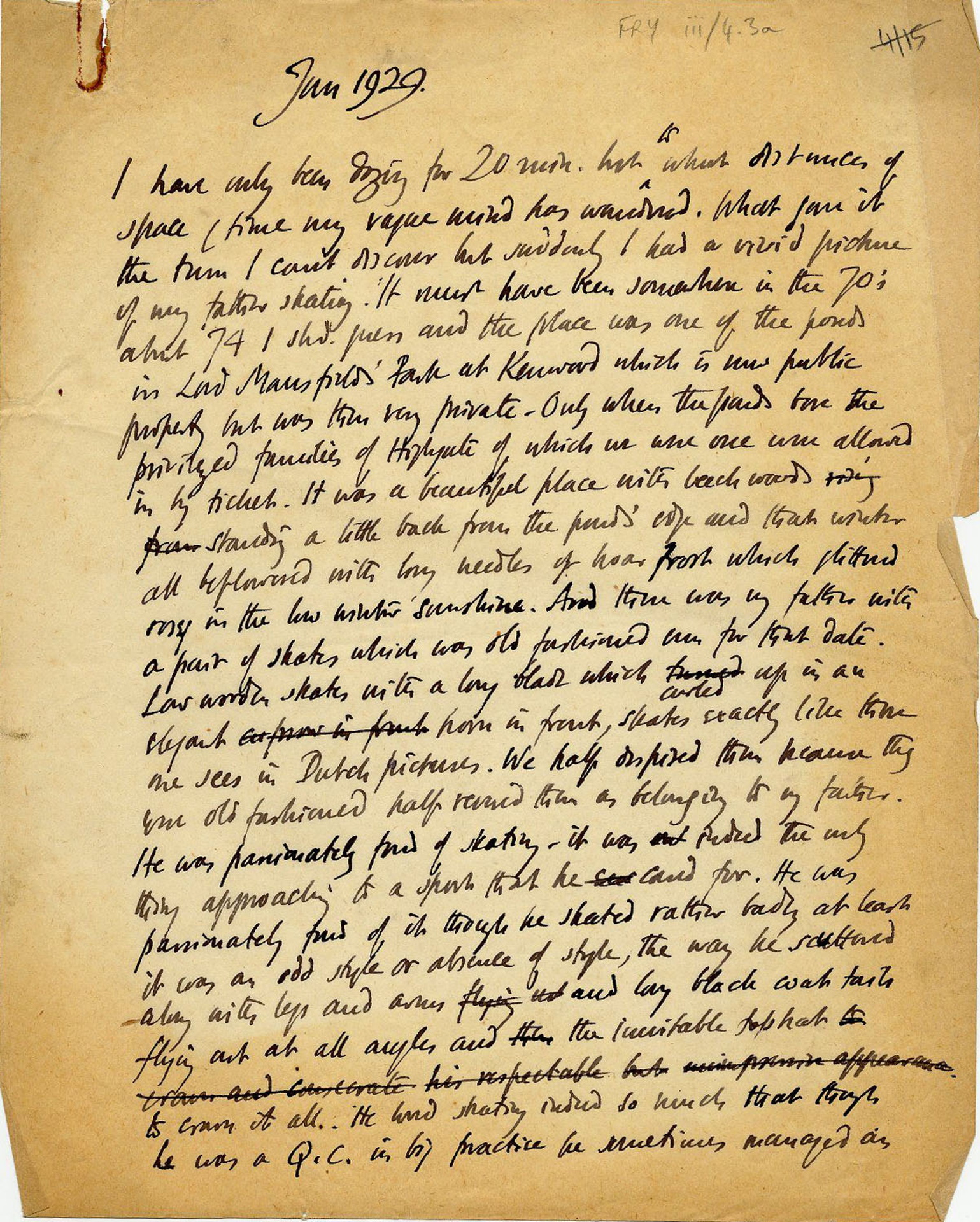 First page of an untitled memoir of skating with Sir Edward Fry at Kenwood Park in 1874. [REF/1/170]