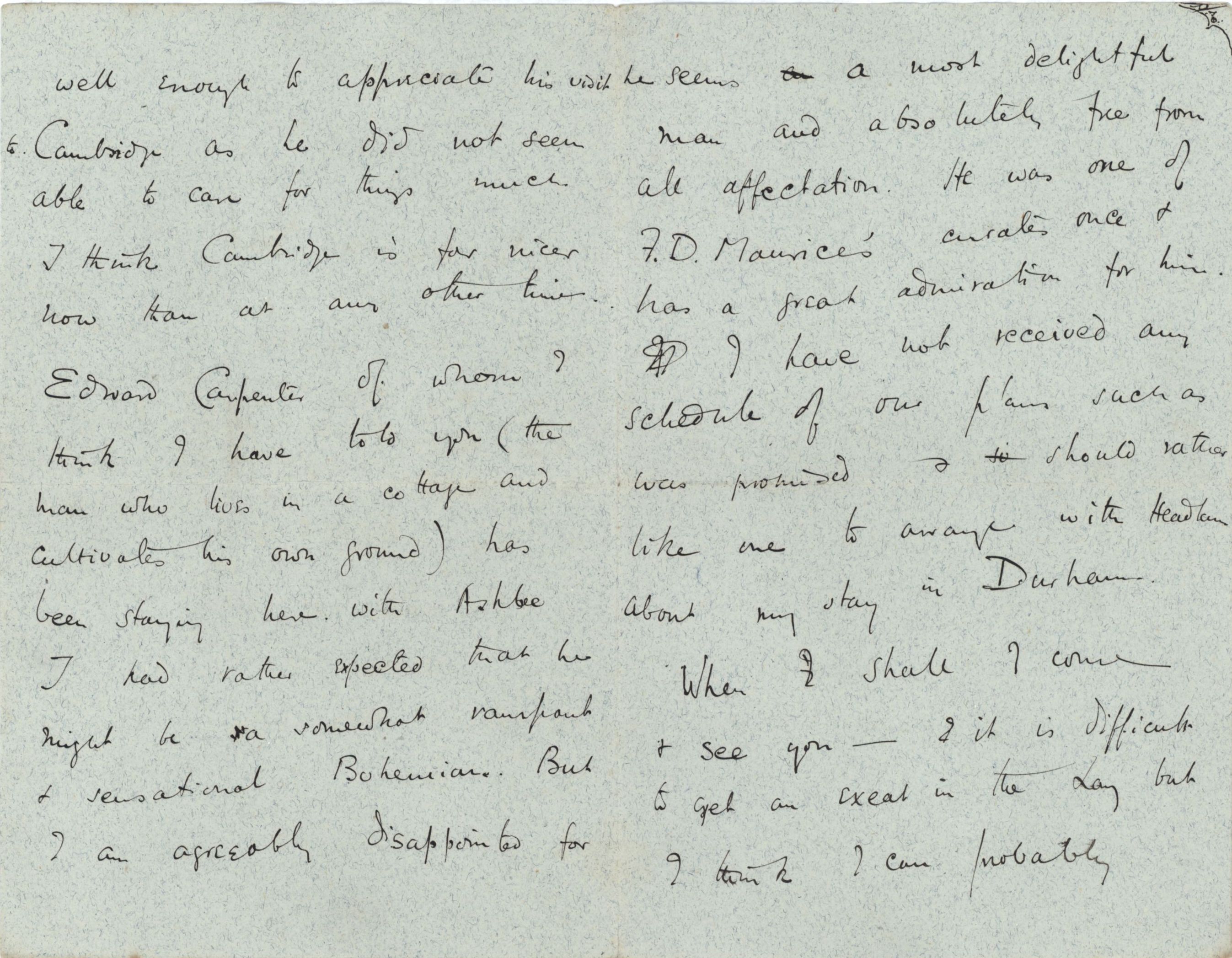 Part of a letter from Roger Fry to his mother, 25 July 1886, concerning Carpenter. [REF/3/57/23, iv 51 verso]