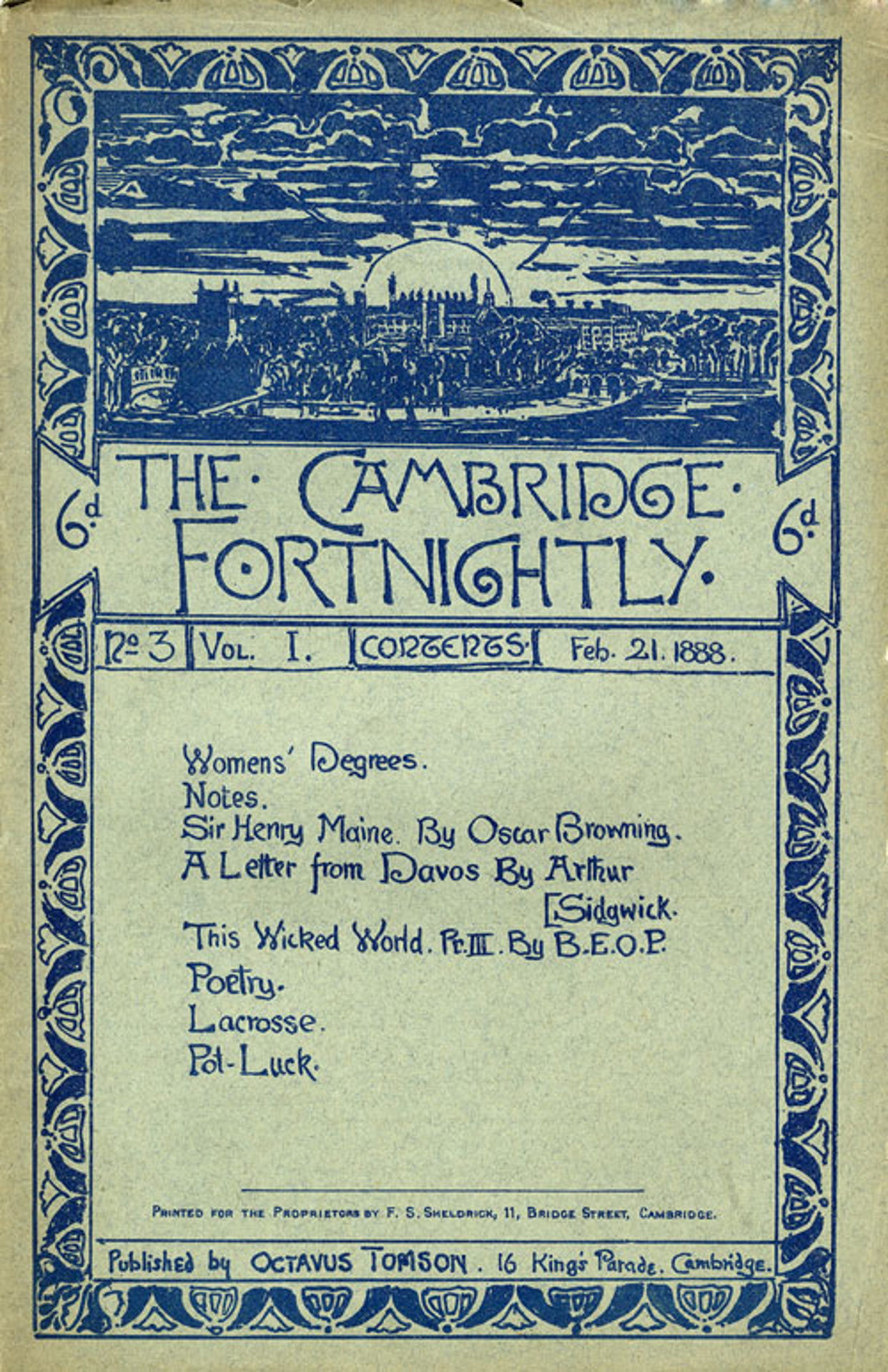 ‘The Cambridge Fortnightly' no.3 vol.1, 1888, cover by Roger Fry. [REF/4/4]