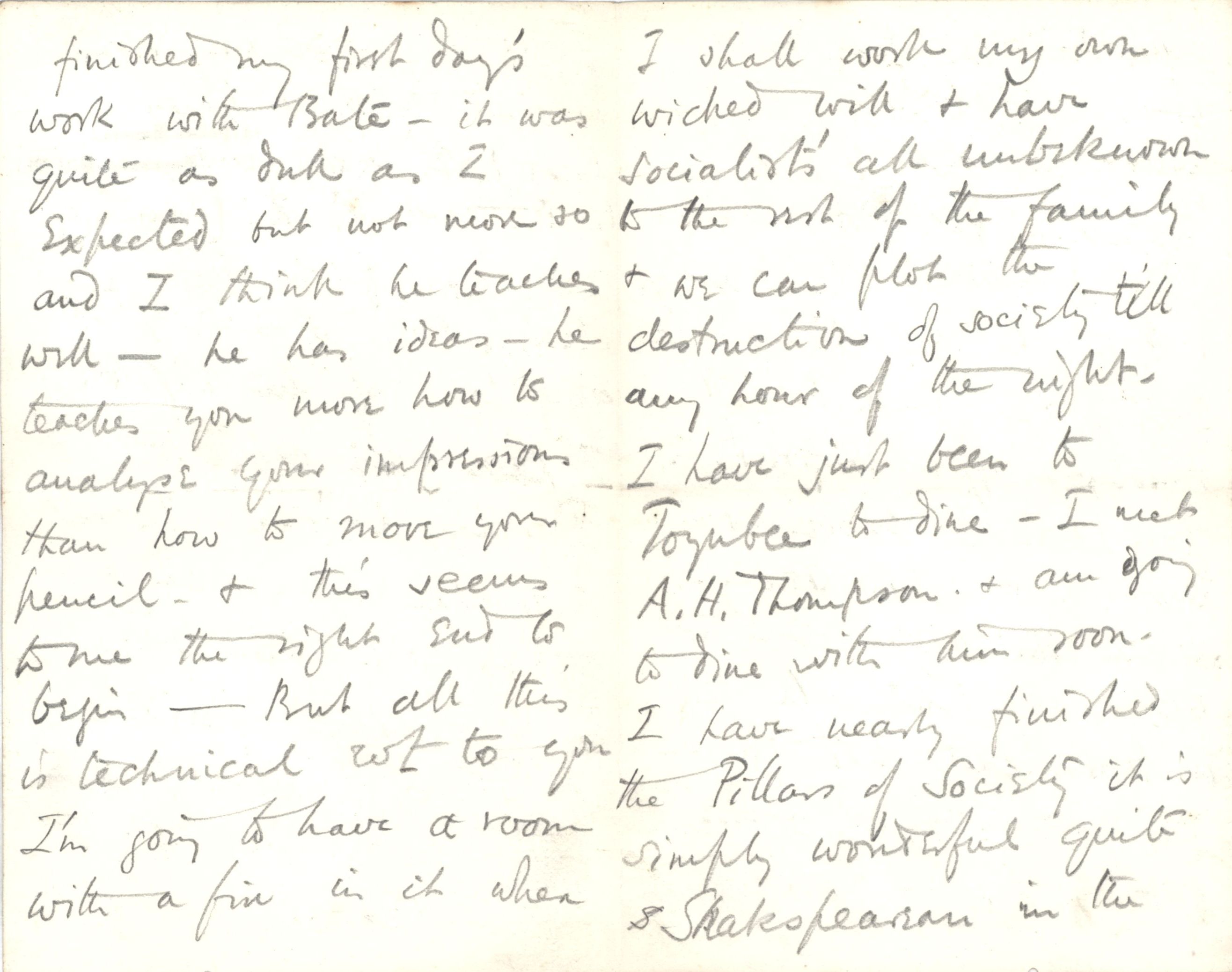 Letter from Roger Fry to Dickinson, 24 January 1889, giving his first impressions of Bates’ studio. [REF/3/46/2]