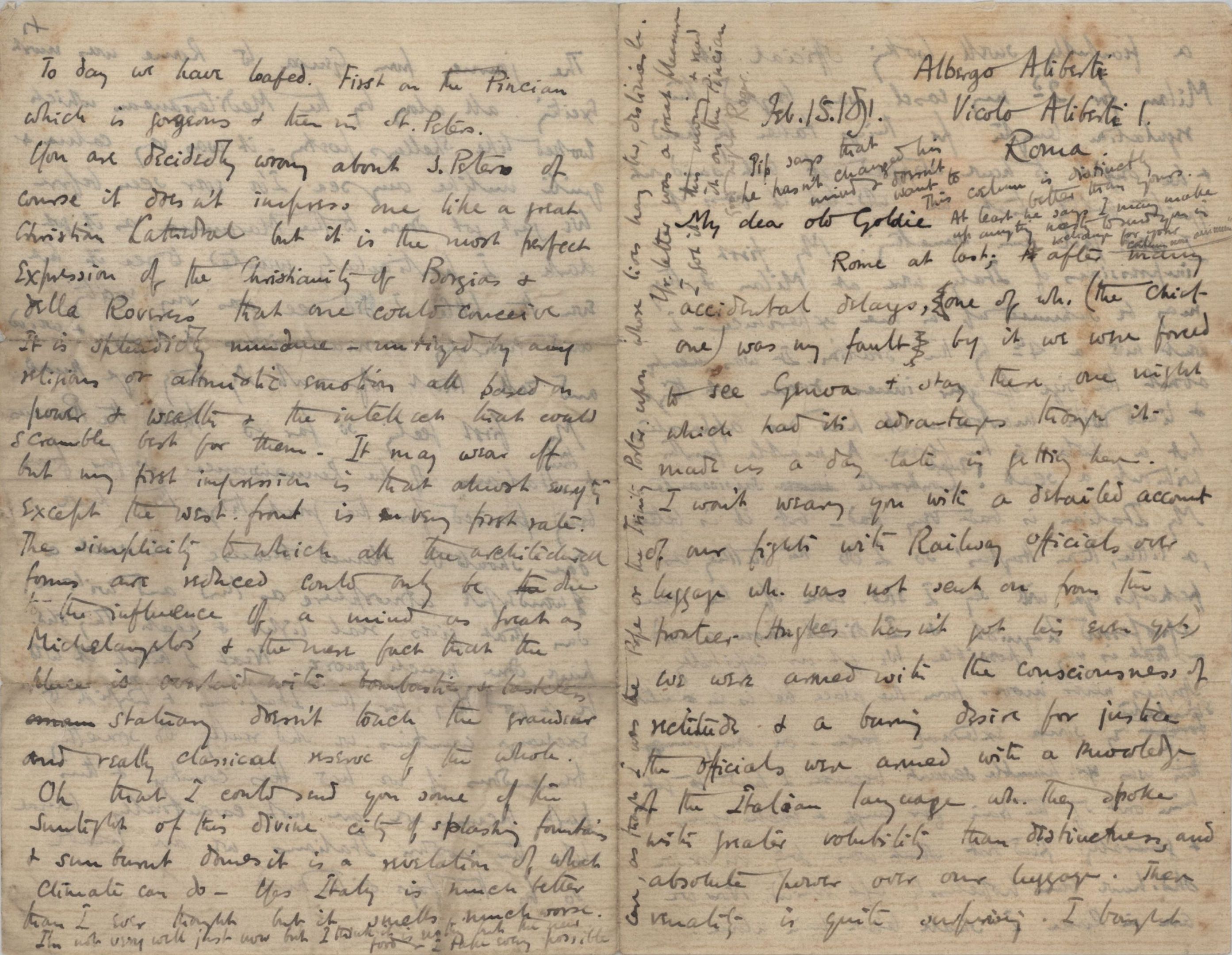 Letter from Roger Fry to Dickinson, 15 February 1891, regarding Pip Hughes and Rome. [REF/3/46/3]