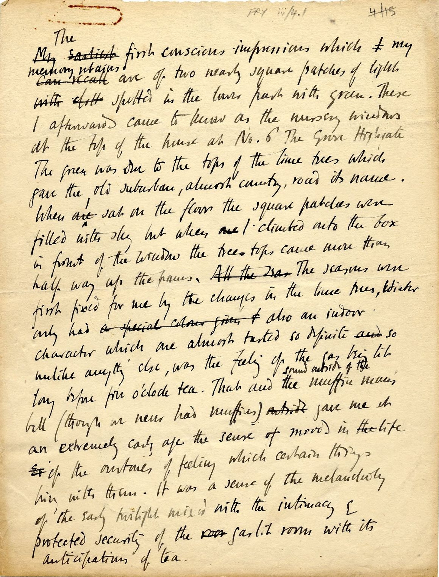 First page of an untitled memoir of childhood at 6 The Grove, Highgate. [REF/1/168]