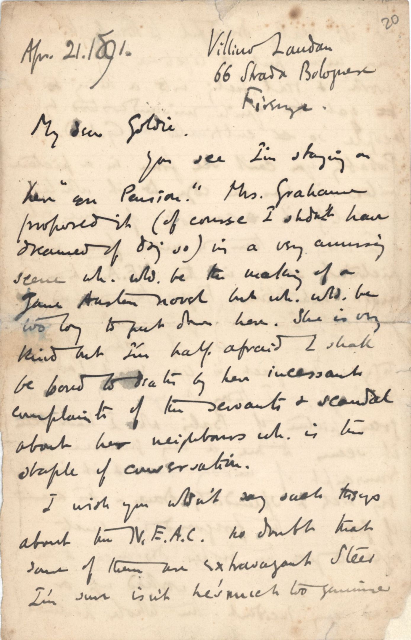 Letter from Roger Fry to Dickinson, 21 April 1891, regarding Florence. [REF/3/46/3]