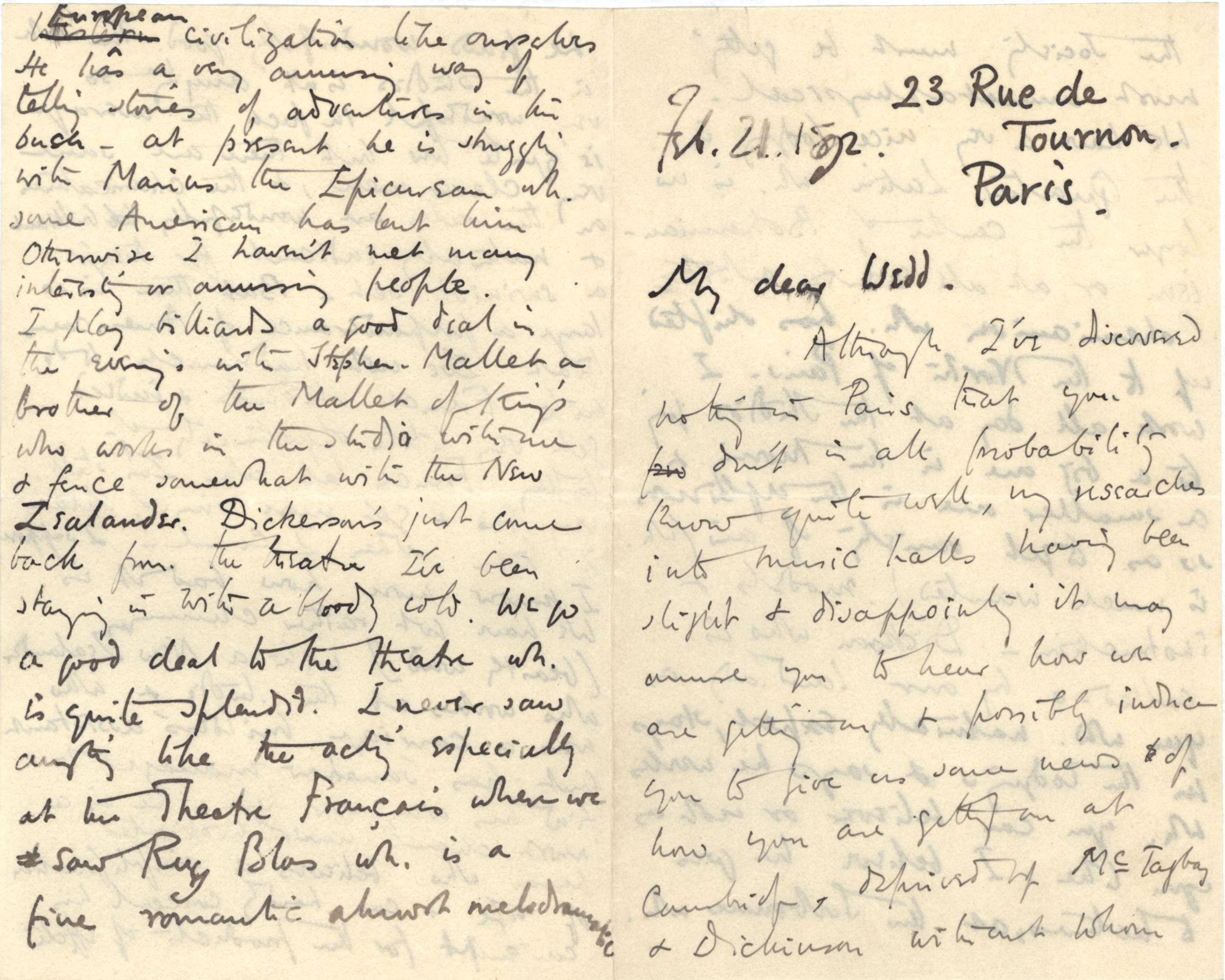 Letter from Roger Fry to Nathaniel Wedd, 21 February 1892, regarding Paris. [NW/2/27]
