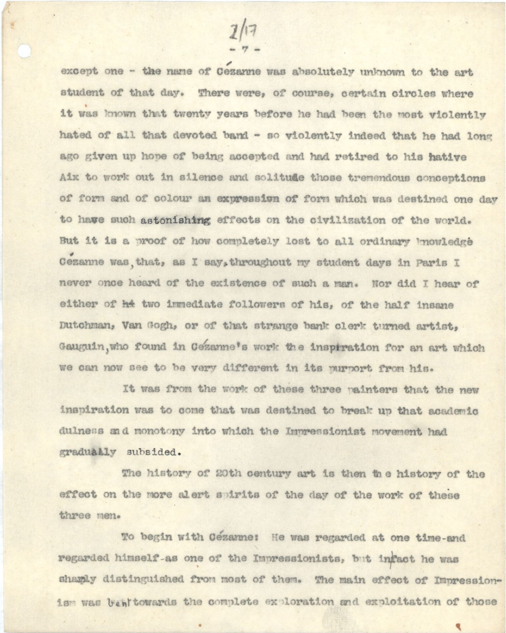 Fry described his experiences in Paris in a lecture given in Bangor on 18 January 1927. [REF/1/117/2, typescript]