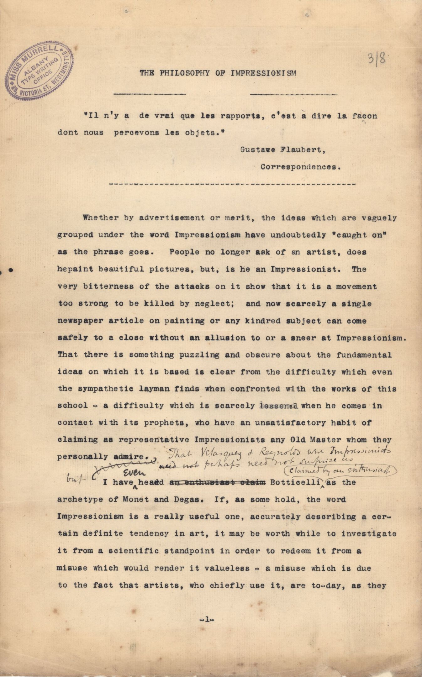 First page of ‘The Philosophy of Impressionism’. [REF/1/58]