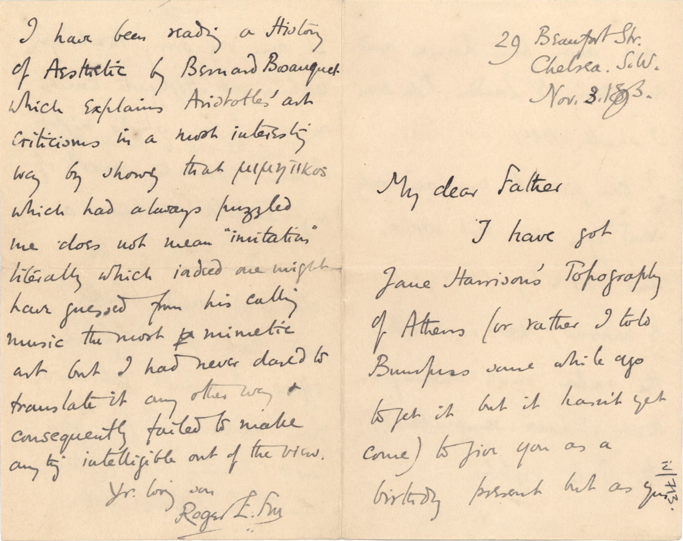 Letter from Roger Fry to his father, 3 November 1893, concerning his Suffolk paintings. [REF/3/57/28]