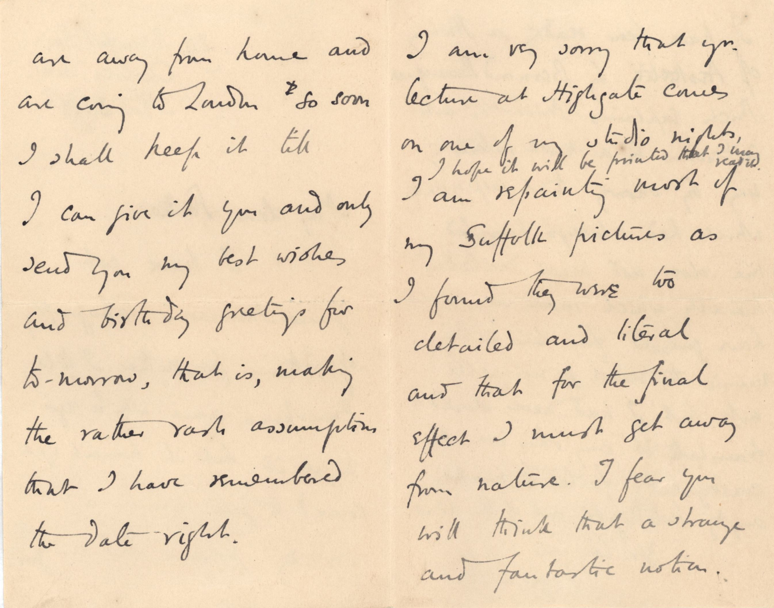 Letter from Roger Fry to his father, 3 November 1893, concerning his Suffolk paintings. [REF/3/57/28]