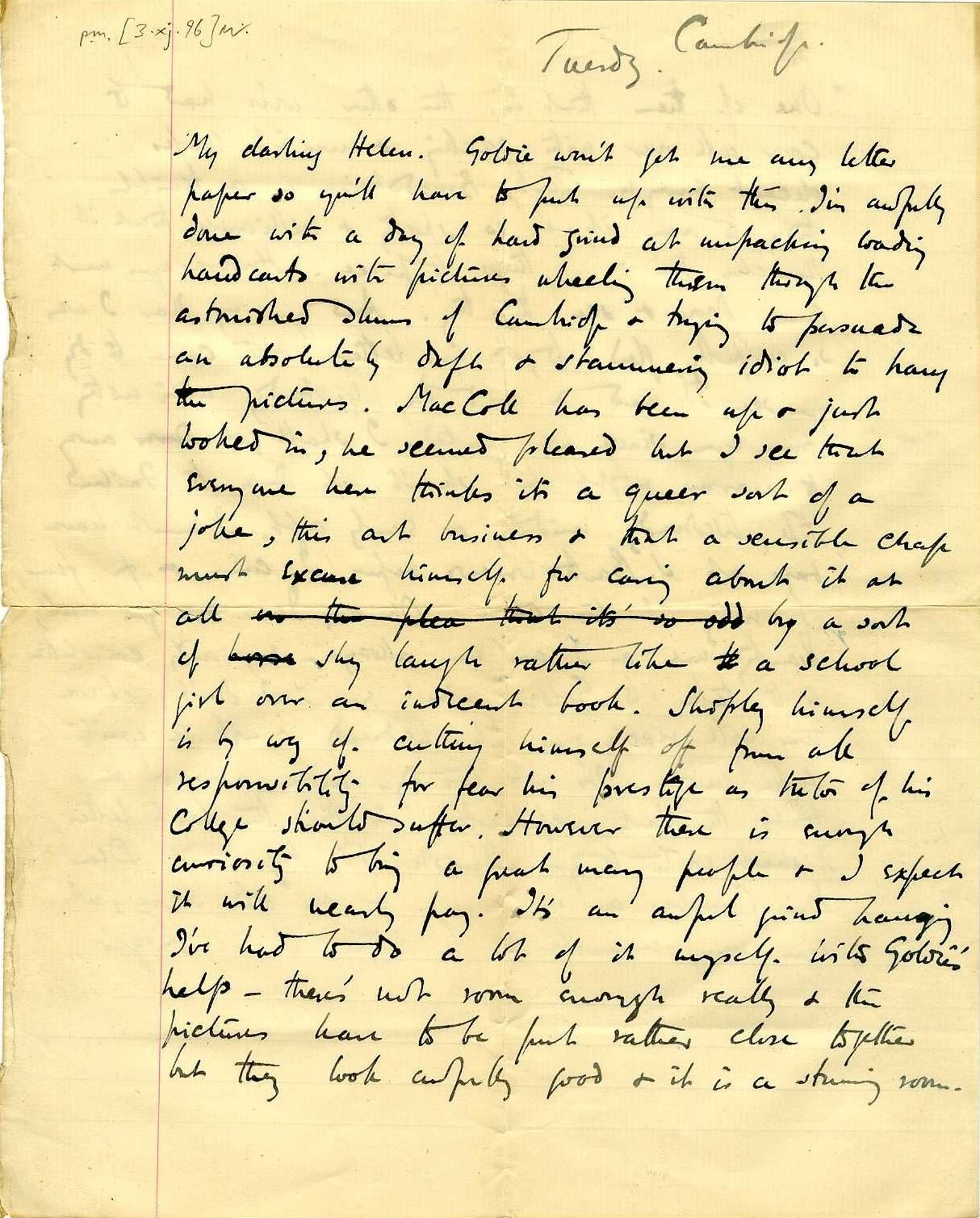 First page of a letter from Roger Fry to Helen Coombe, November/December 1896, describing the logistical challenges of his Cambridge exhibition. [REF/3/58/1]