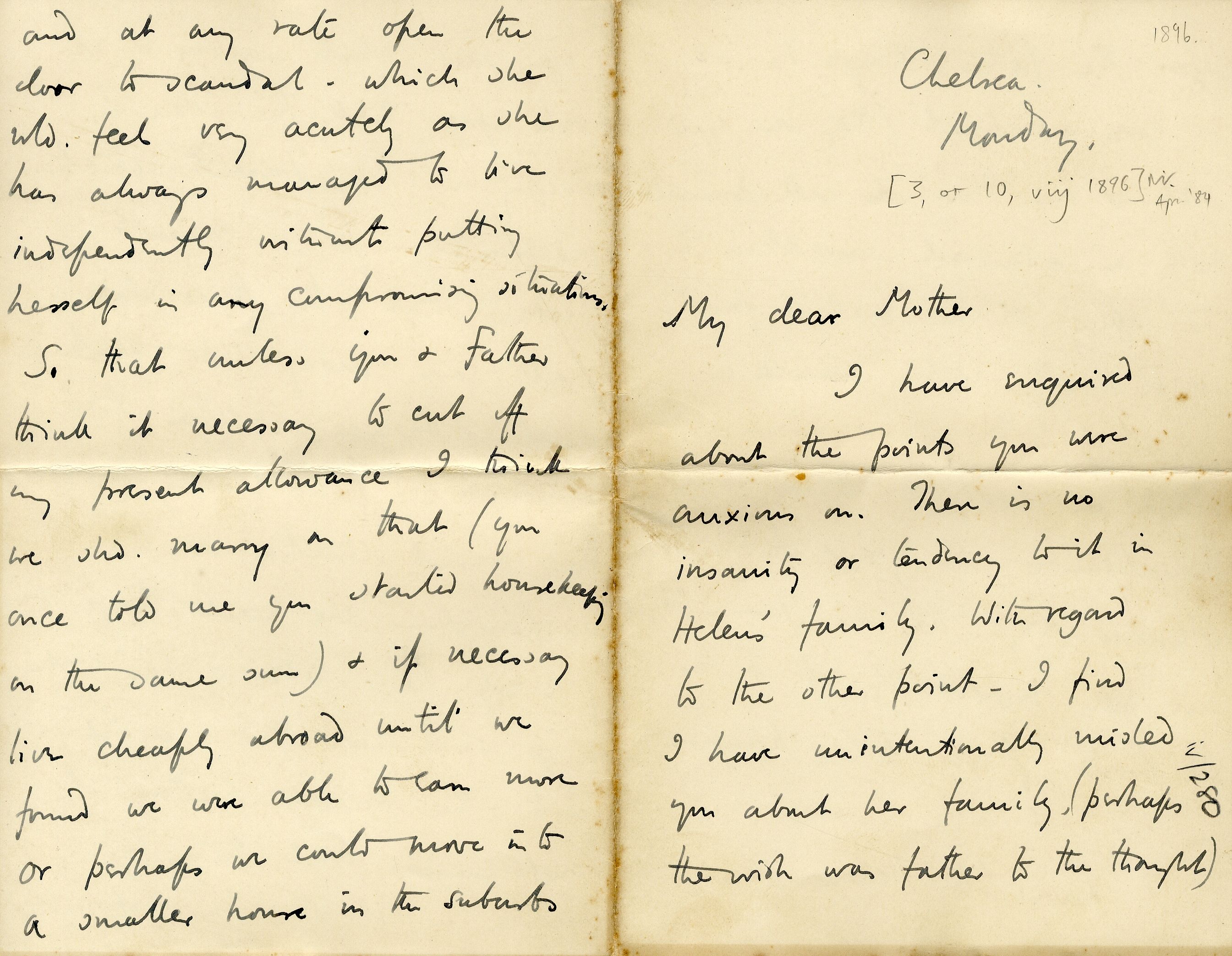 Letter from Roger Fry to his mother, 1896, concerning Helen Coombe. [REF/3/57/23]