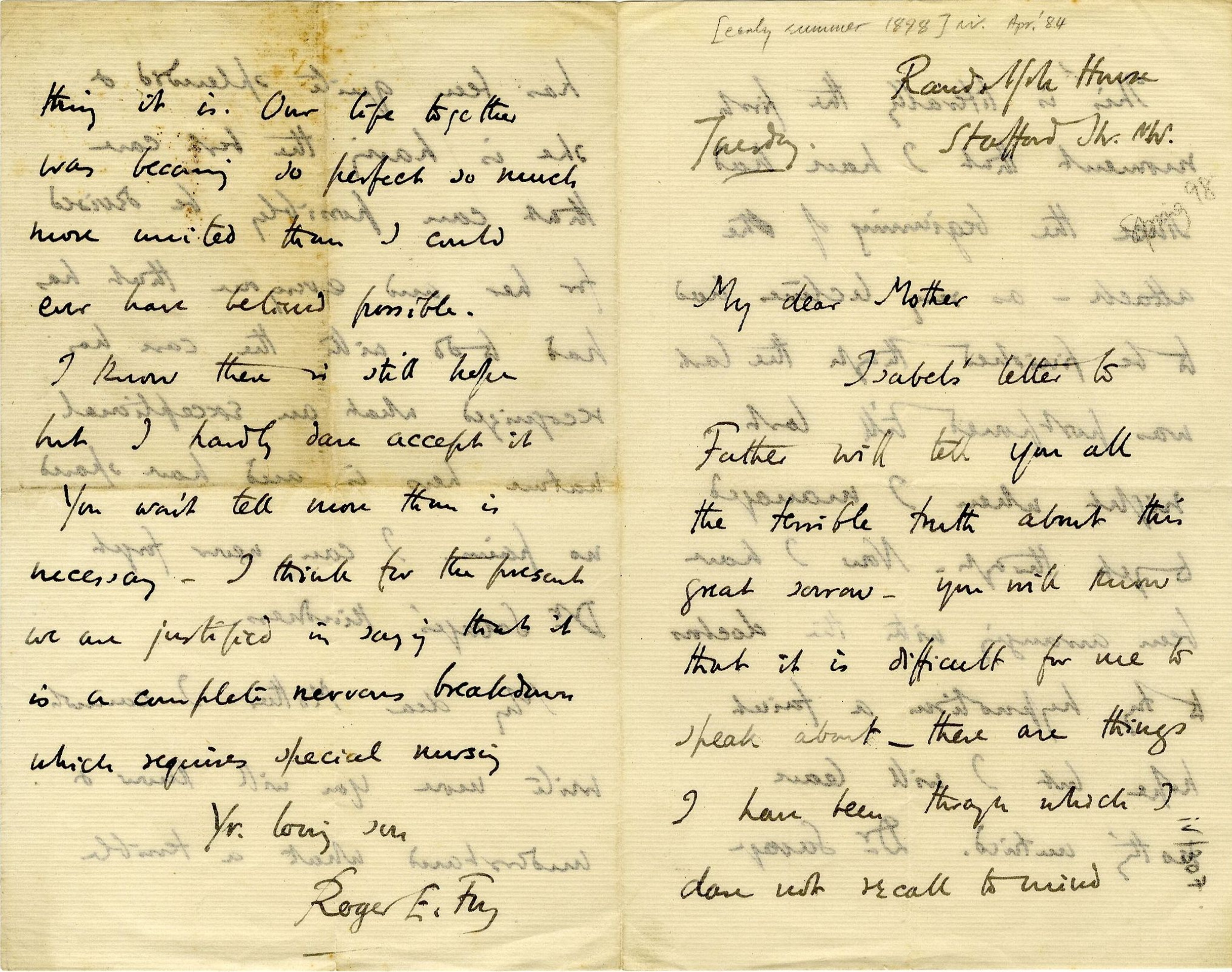 Letter from Roger Fry to his mother, 1898, concerning Helen’s nervous breakdown. [REF/3/57/32]