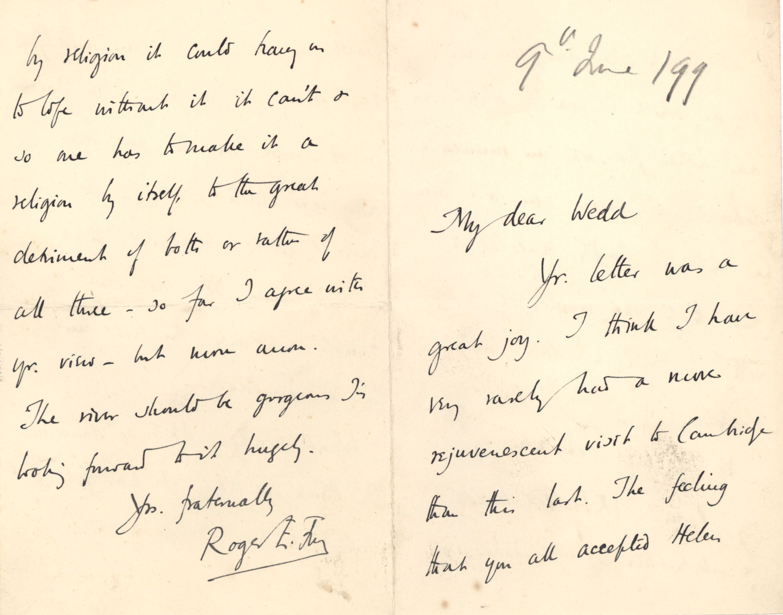 Letter from Roger Fry to Nathaniel Wedd, 9 June 1899, concerning art’s relationship with life and religion. [NW/2/27]
