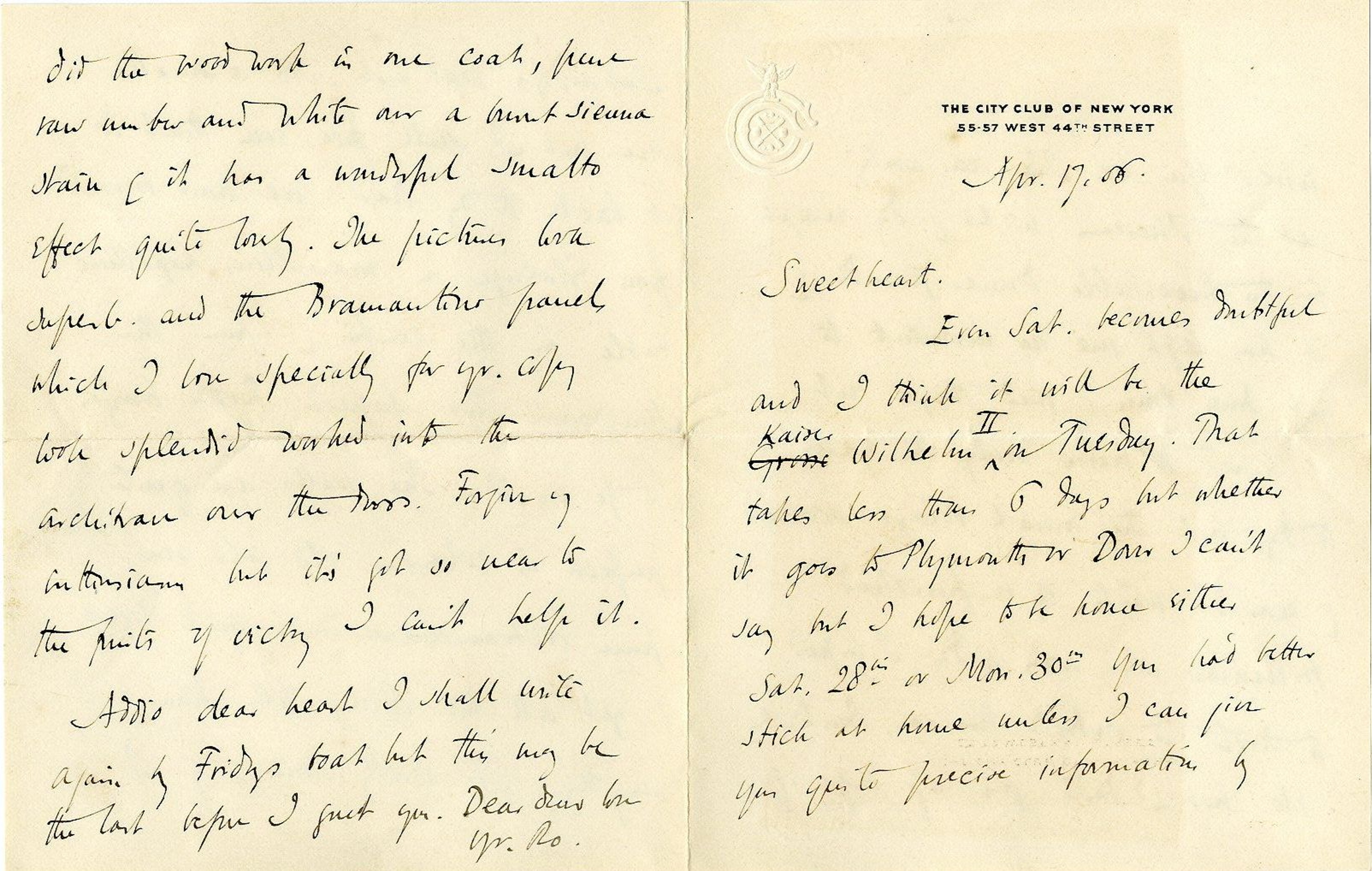 Letter from Roger Fry to Helen Fry, 17 April 1906, describing his decoration and rehanging in the Museum. [REF/3/58/4]