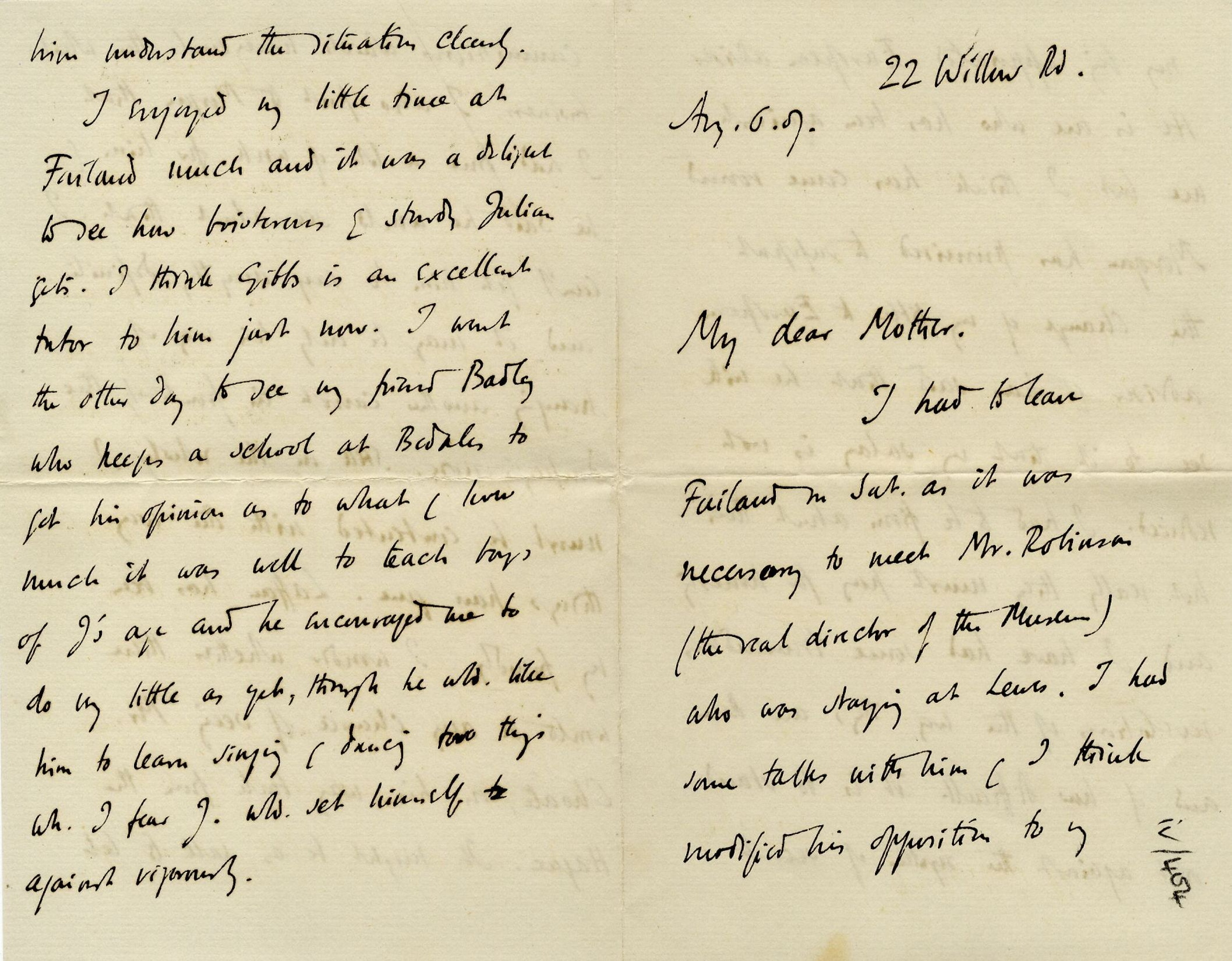 Letter from Roger Fry to Lady Fry, 6 August 1907, concerning his title being changed to European Advisor and his increased recognition as an artist being unmatched by his enthusiasm. [REF/3/57/35]