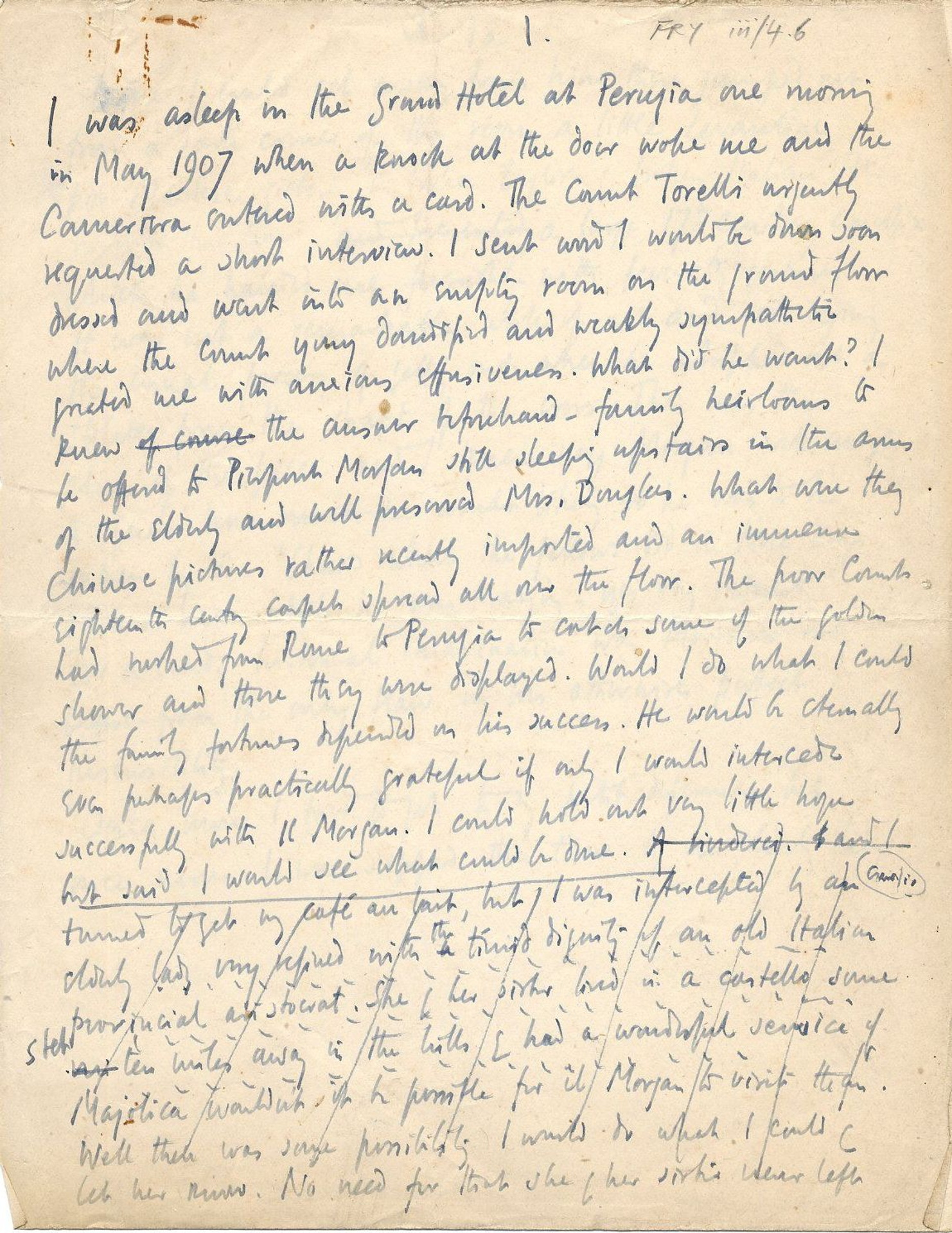 Untitled memoir of Italy, describing a day in May 1907 spent with Pierpont Morgan and entourage in Tuscany, Umbria and Le Marche collecting treasures for Morgan's personal collection. [REF/1/165]