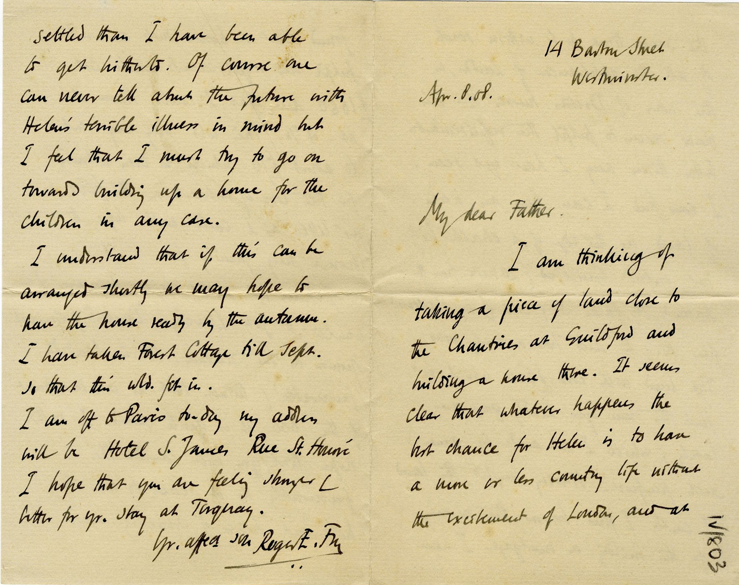 Letter from Roger Fry to his father, 8 April 1908, concerning his plans for a house close to the Chantries at Guildford. [REF/3/57/36]