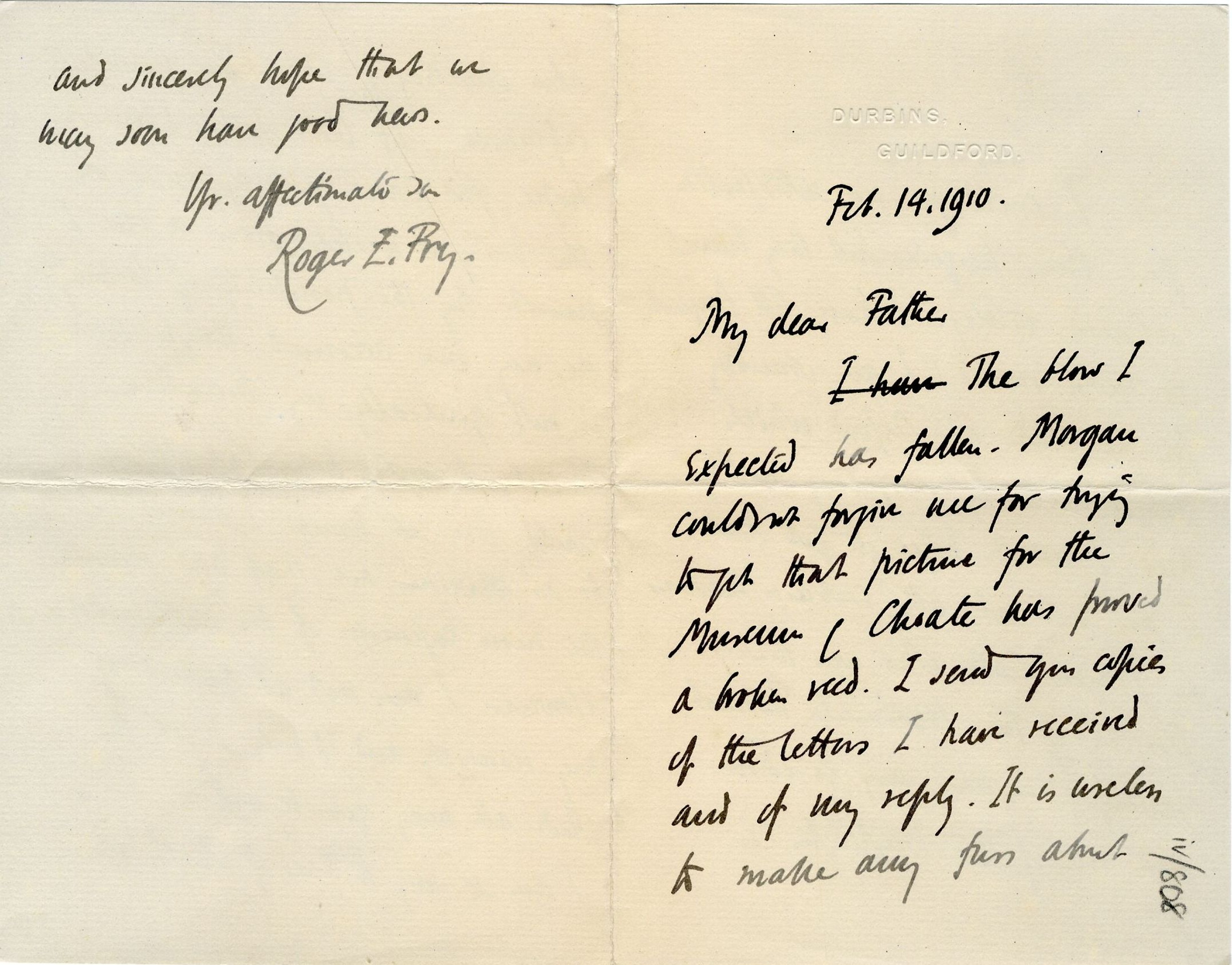 Letter from Roger Fry to his father, 14 February 1910, concerning his application for the Slade Professorship in Oxford. [REF/3/57/37]