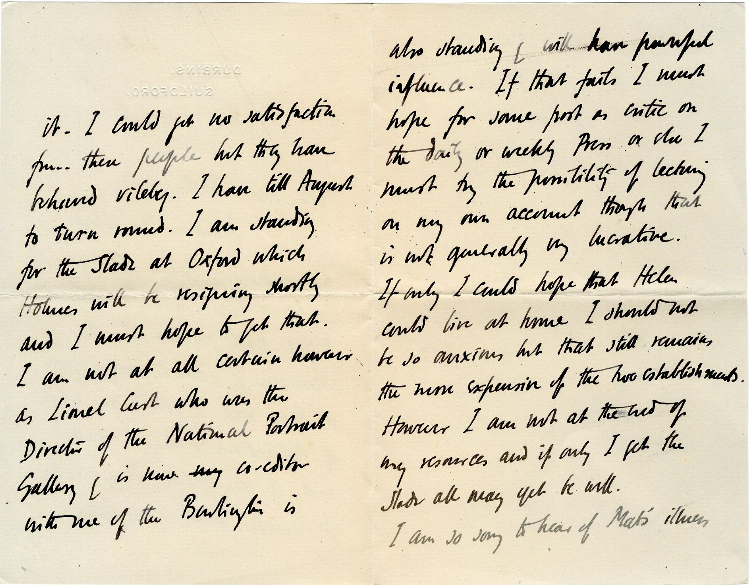 Letter from Roger Fry to his father, 14 February 1910, concerning his application for the Slade Professorship in Oxford. [REF/3/57/37]