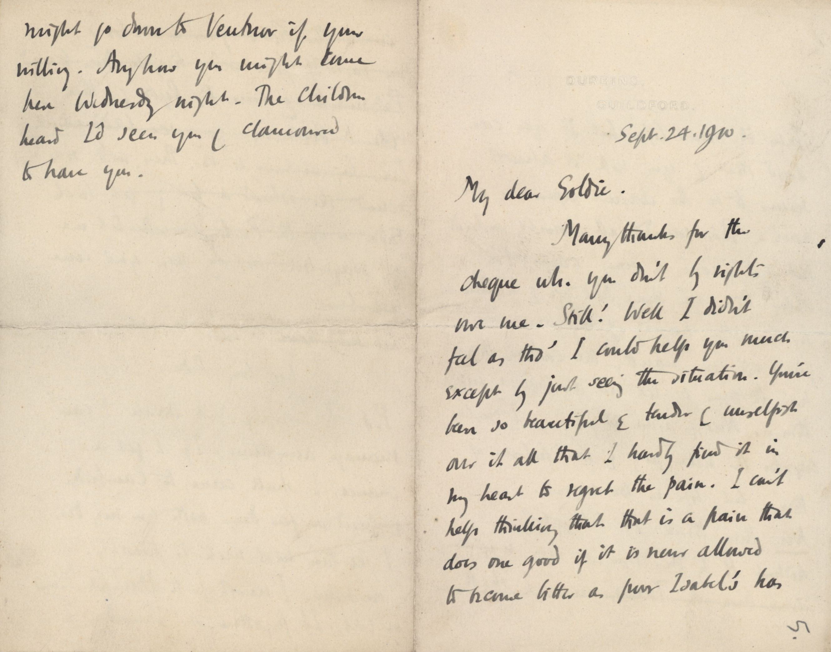 Letter from Roger Fry to Goldsworthy Lowes Dickinson, 24 September 1910, concerning love and hurt. [REF/3/46/6]
